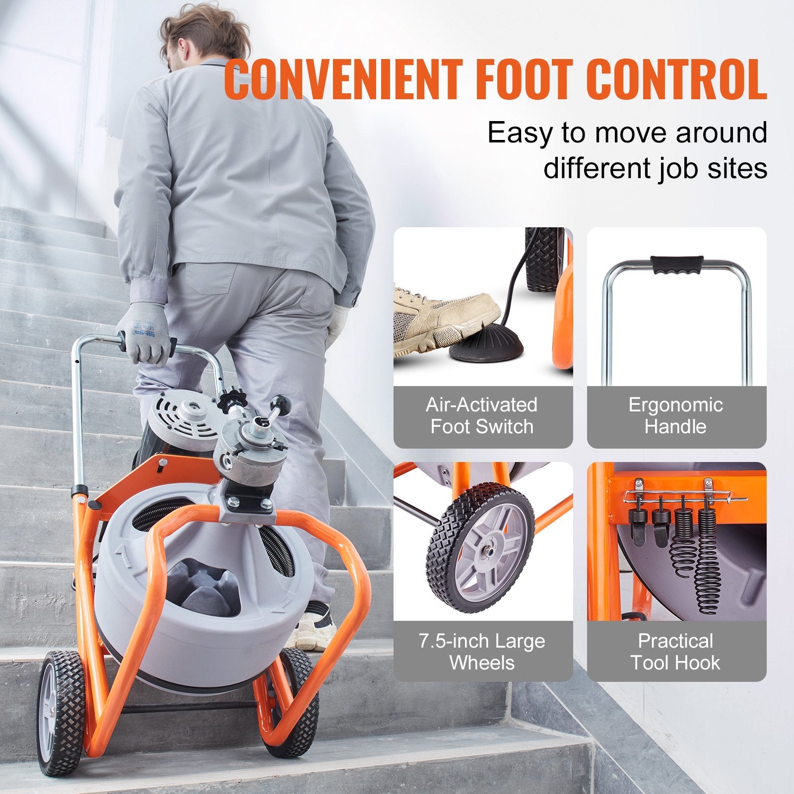 VEVOR Drain Cleaner Machine 100FT x 3/8 Inch, Auto Feed Sewer Snake Drain Auger on Wheels, Portable Drain Cleaning Machine with 8 Cutters & Air-activated Foot Switch for 2" to 4" Pipes 6