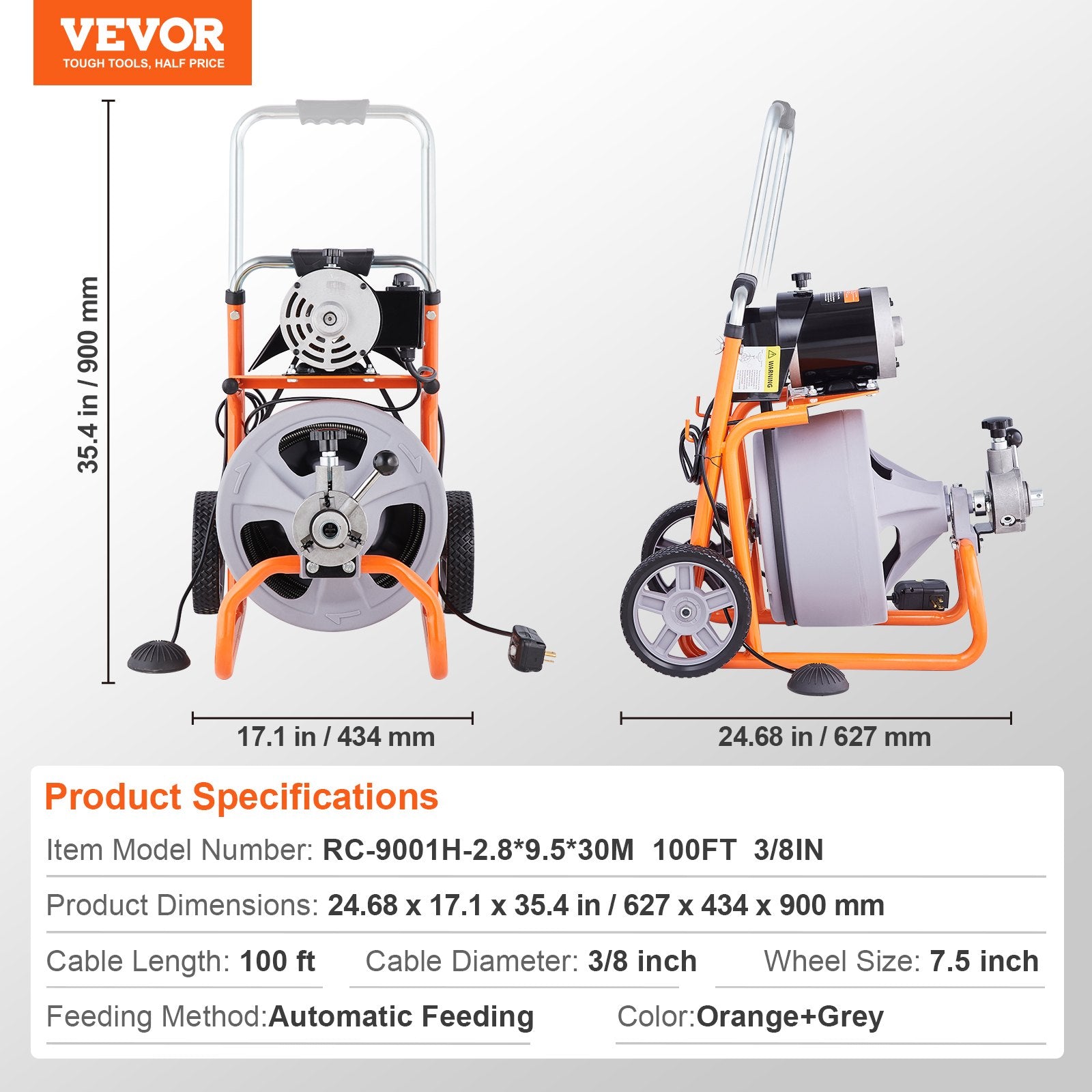 VEVOR Drain Cleaner Machine 100FT x 3/8 Inch, Auto Feed Sewer Snake Drain Auger on Wheels, Portable Drain Cleaning Machine with 8 Cutters & Air-activated Foot Switch for 2" to 4" Pipes 7