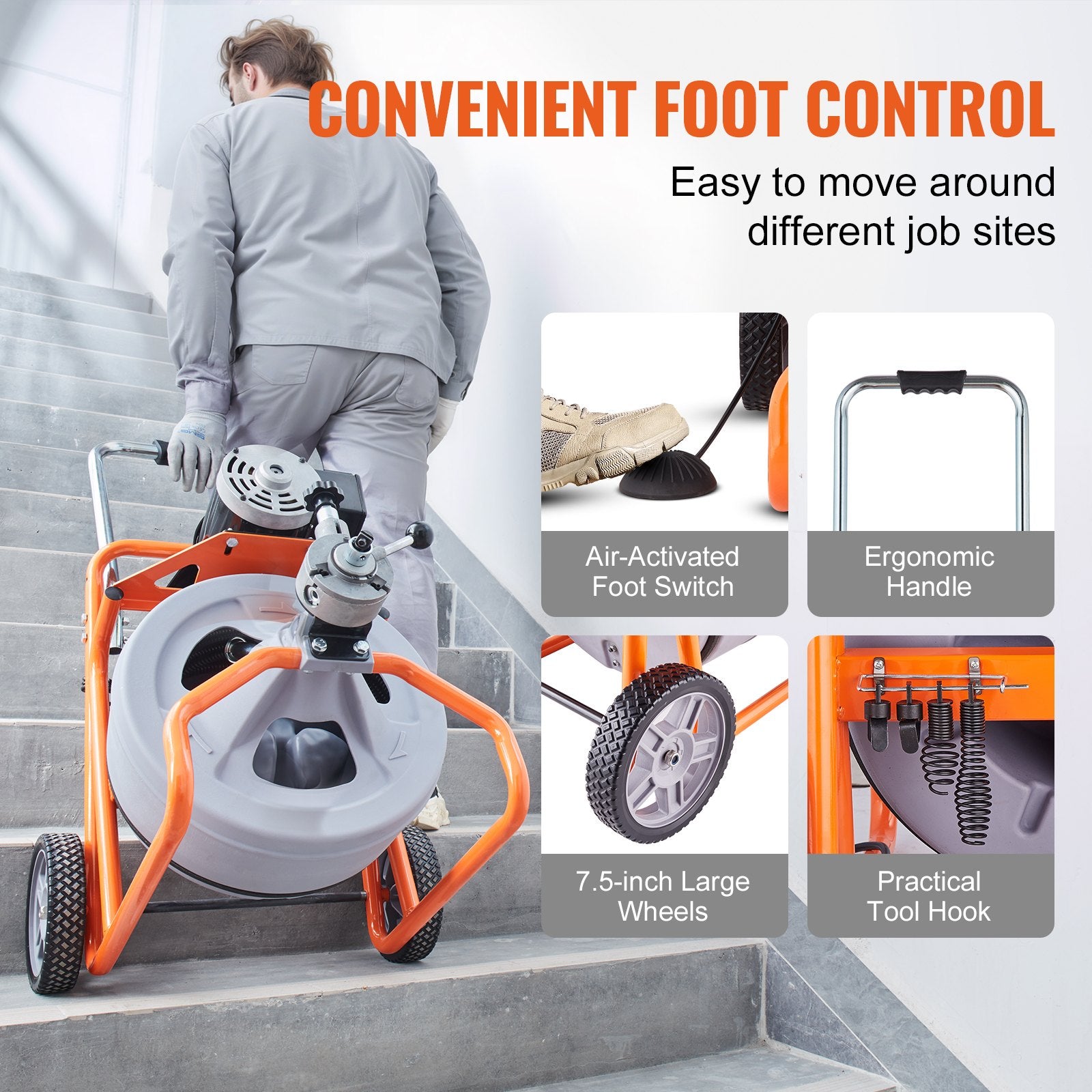 VEVOR Drain Cleaner Machine 100FT x 1/2 Inch, Auto Feed Sewer Snake Drain Auger on Wheels, Portable Drain Cleaning Machine with 8 Cutters & Air-activated Foot Switch for 2" to 4" Pipes 6