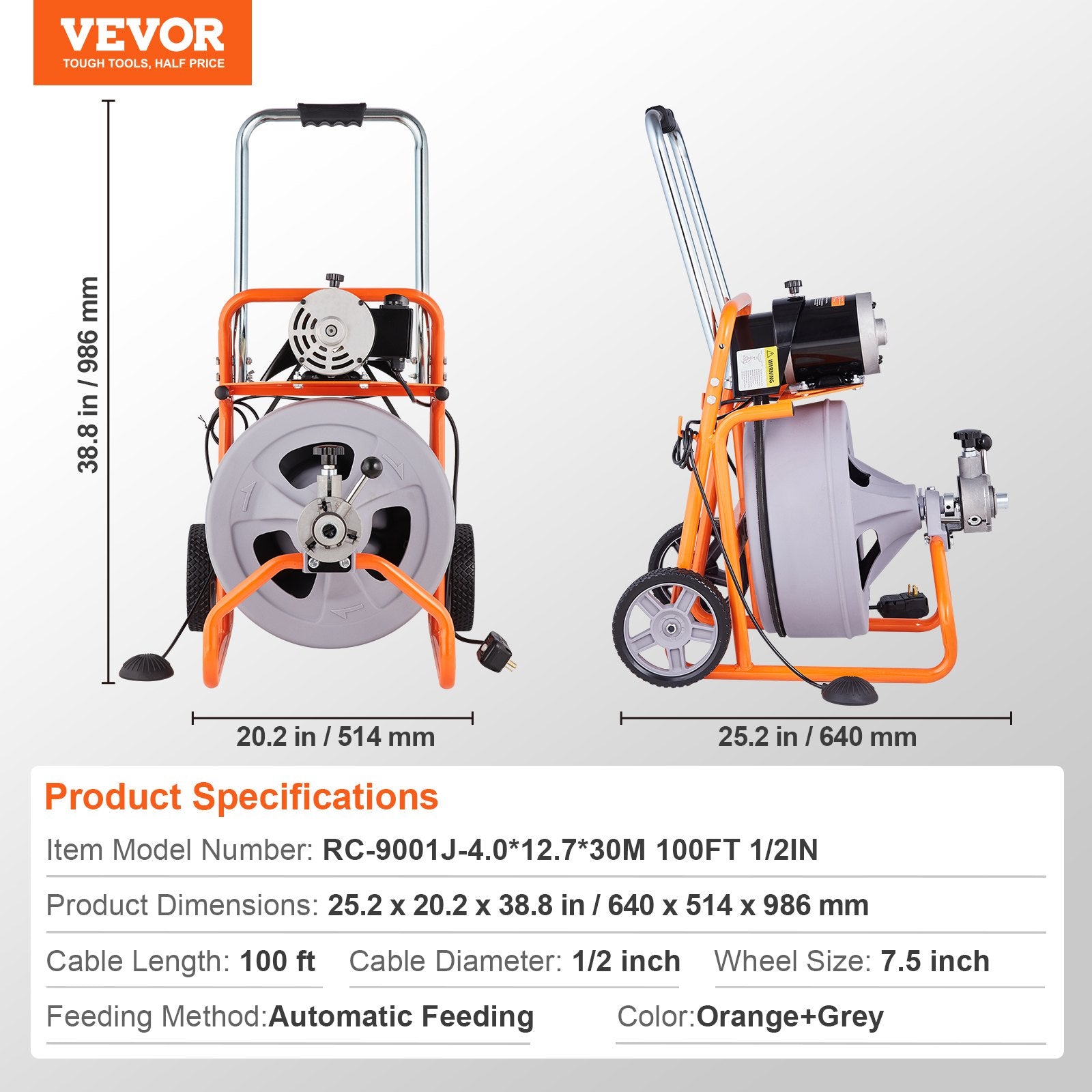 VEVOR Drain Cleaner Machine 100FT x 1/2 Inch, Auto Feed Sewer Snake Drain Auger on Wheels, Portable Drain Cleaning Machine with 8 Cutters & Air-activated Foot Switch for 2" to 4" Pipes 7