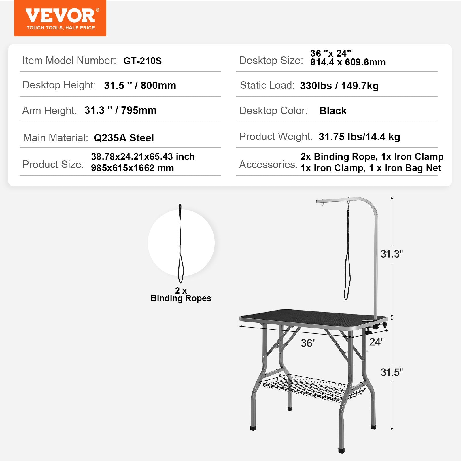VEVOR Pet Grooming Table Arm with Clamp, 915 x 610mm Dog Grooming Station, Foldable Pets Grooming Stand for Medium and Small Dogs, Free No Sit Haunch Holder with Grooming Loop, Bearing 149.7kg 7