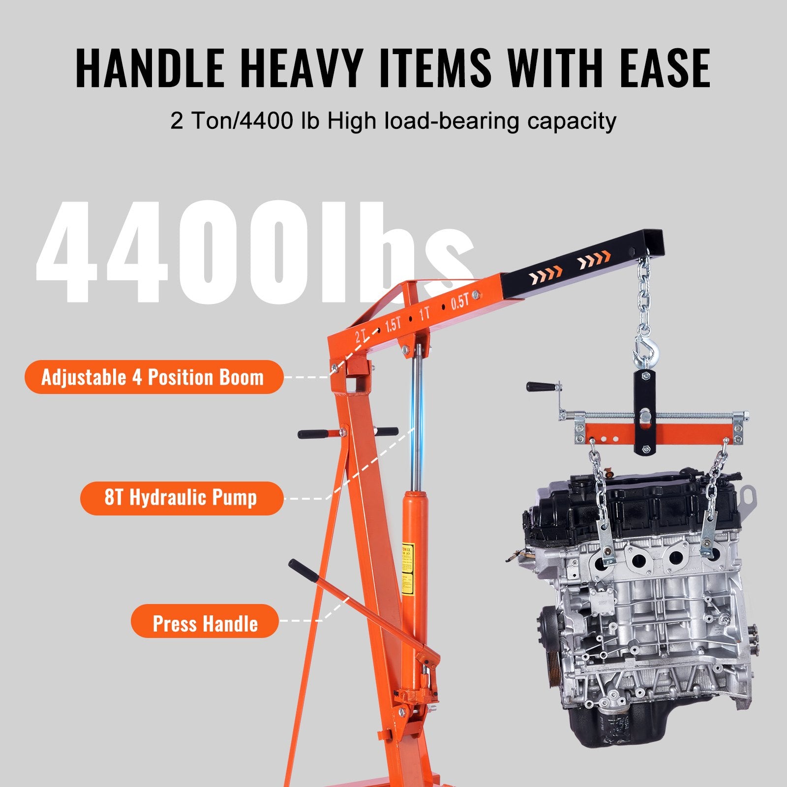 VEVOR Hydraulic Engine Hoist with Lever, 2000KG Heavy-duty Cherry Picker Shop Crane, Foldable Engine Crane and Engine Hoist leveler for Auto Repair, Motors, Weights Lifting, Loading 3