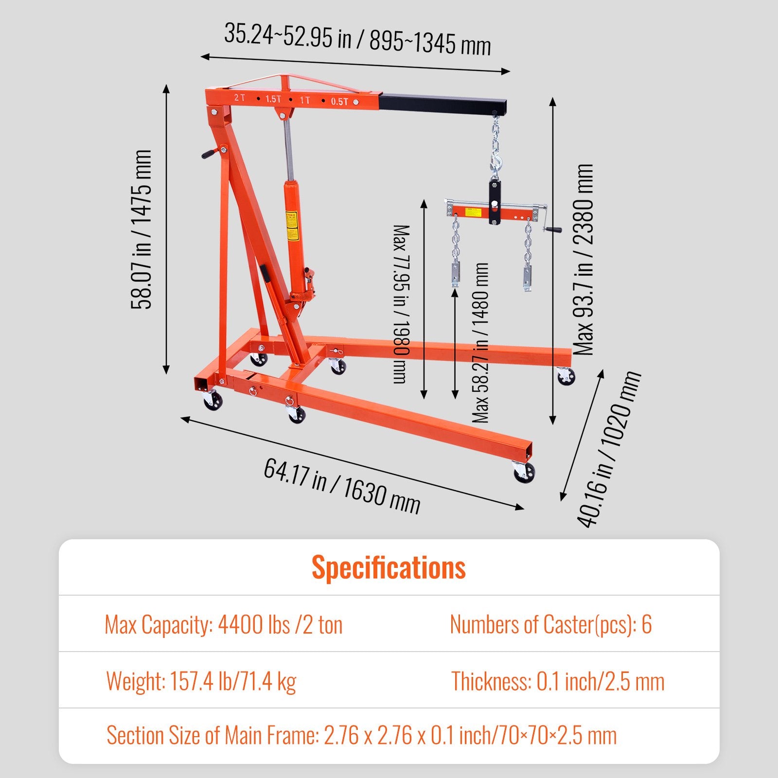 VEVOR Hydraulic Engine Hoist with Lever, 2000KG Heavy-duty Cherry Picker Shop Crane, Foldable Engine Crane and Engine Hoist leveler for Auto Repair, Motors, Weights Lifting, Loading 7