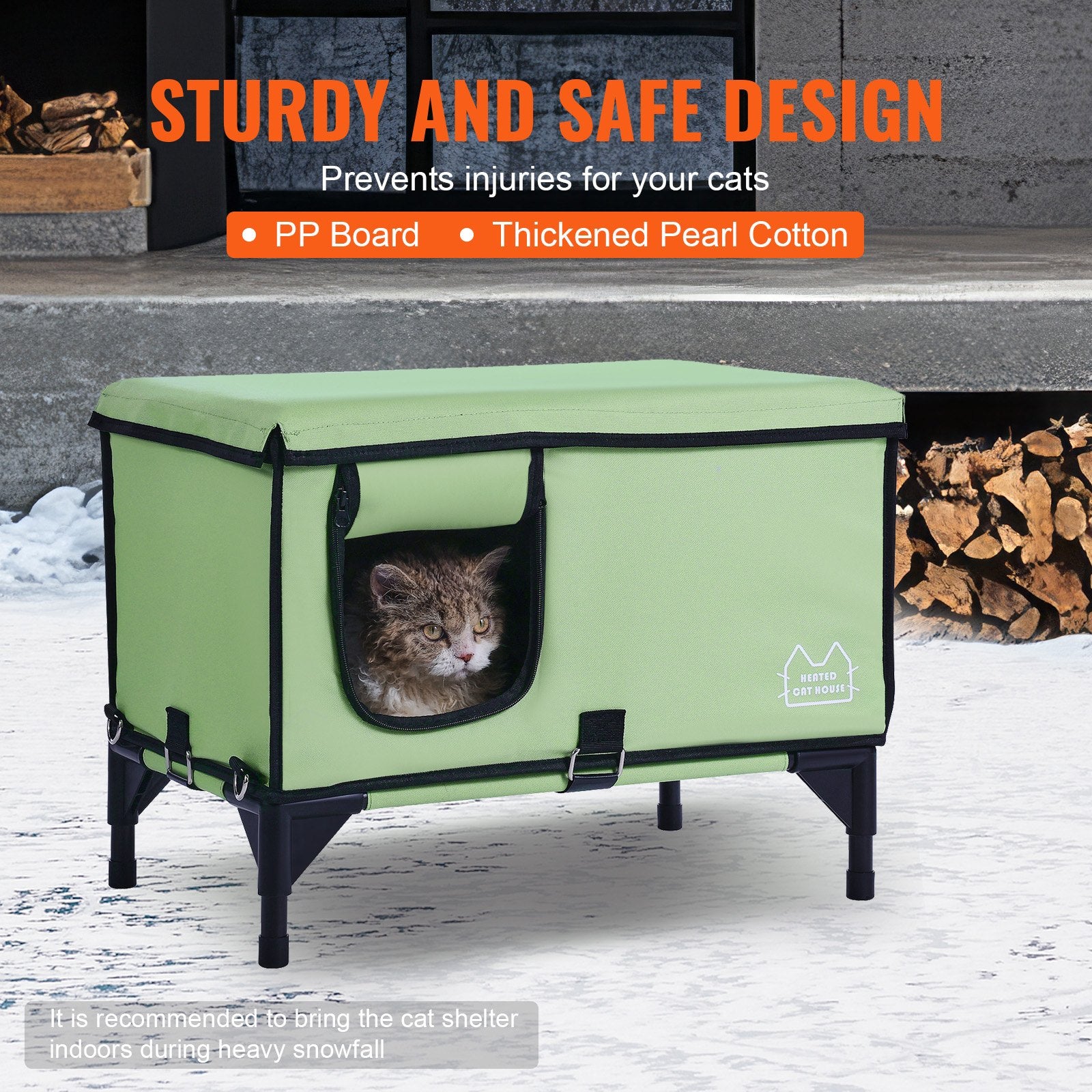 VEVOR Elevated Heated Cat House, Cuboid Kitty Shelter with Adjustable Temperature and Timer, 900D Oxford Cloth Foldable Cat Shelter with Heated Pad  for Winter to Stay Warm and Cozy, Green (Large) 5