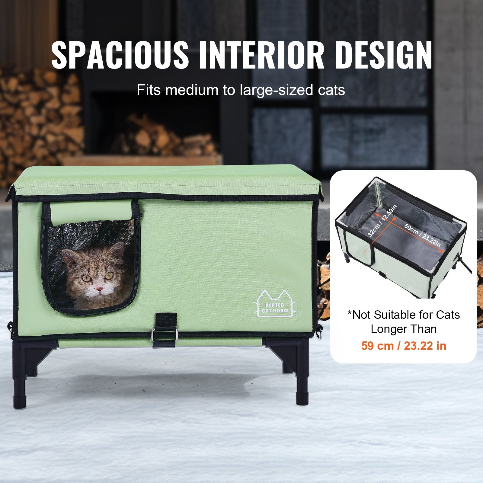 VEVOR Elevated Heated Cat House, Cuboid Kitty Shelter with Adjustable Temperature and Timer, 900D Oxford Cloth Foldable Cat Shelter with Heated Pad  for Winter to Stay Warm and Cozy, Green (Large) 6