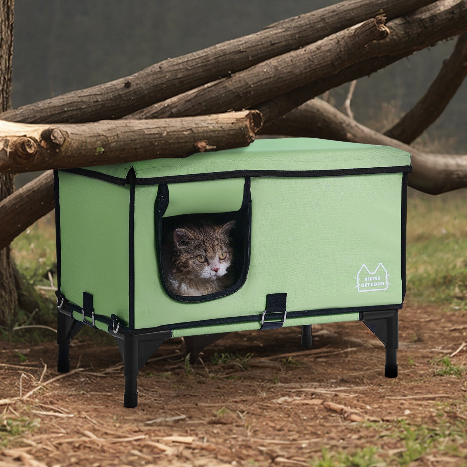 VEVOR Elevated Heated Cat House, Cuboid Kitty Shelter with Adjustable Temperature and Timer, 900D Oxford Cloth Foldable Cat Shelter with Heated Pad  for Winter to Stay Warm and Cozy, Green (Large) 8