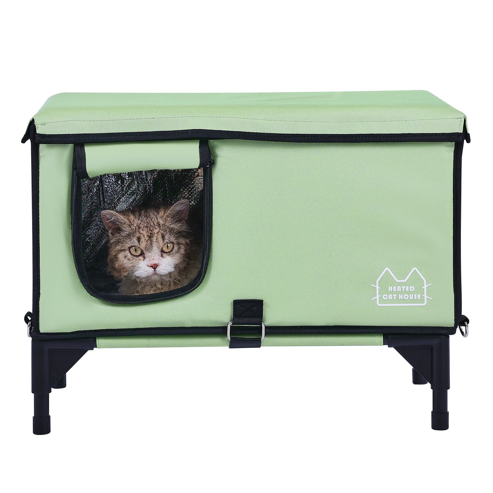 VEVOR Elevated Heated Cat House, Cuboid Kitty Shelter with Adjustable Temperature and Timer, 900D Oxford Cloth Foldable Cat Shelter with Heated Pad  for Winter to Stay Warm and Cozy, Green (Large) 9