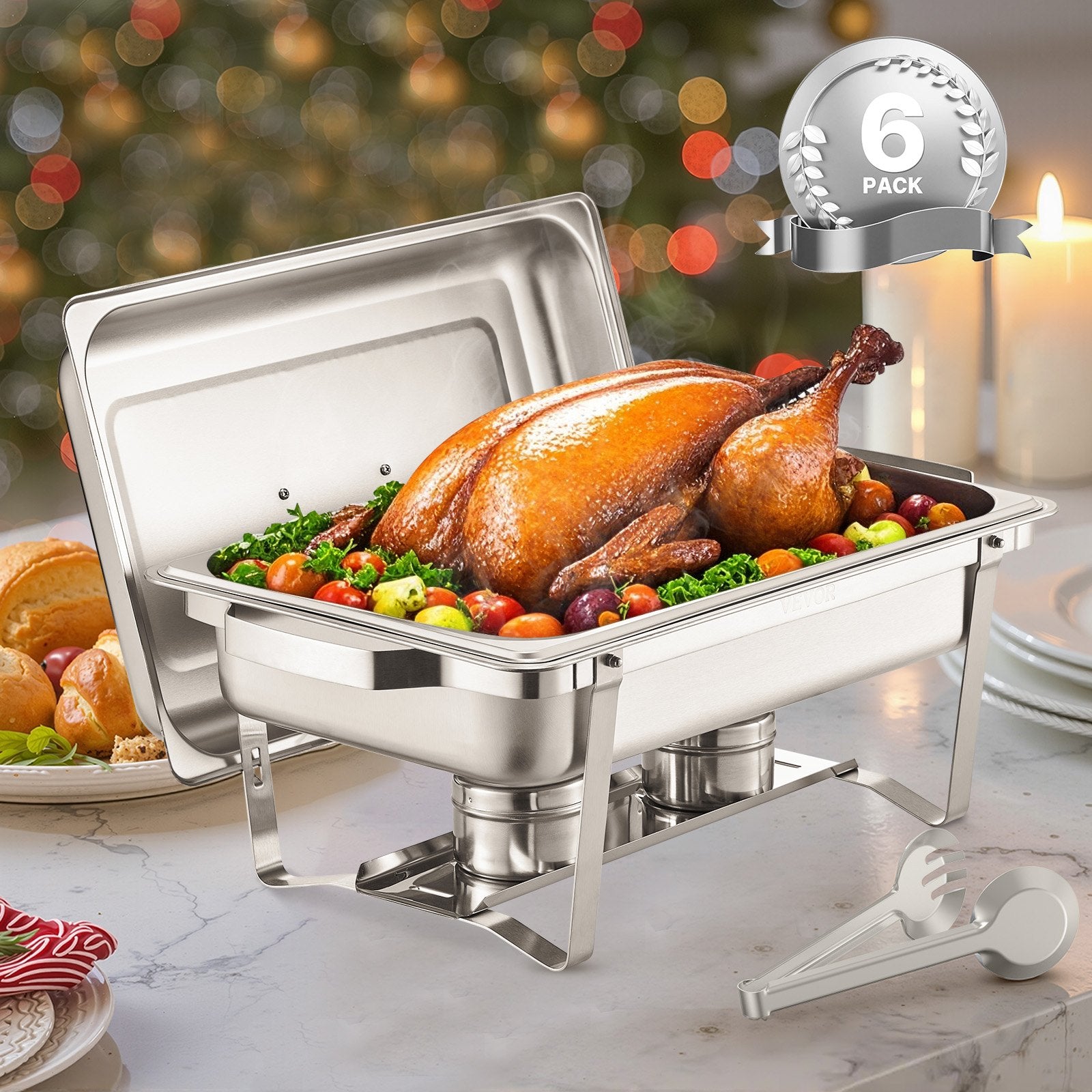 VEVOR 8 Qt 6 Pack Rectangle Chafing Dish Buffet Set Fullsize Pan Stainless Steel 8