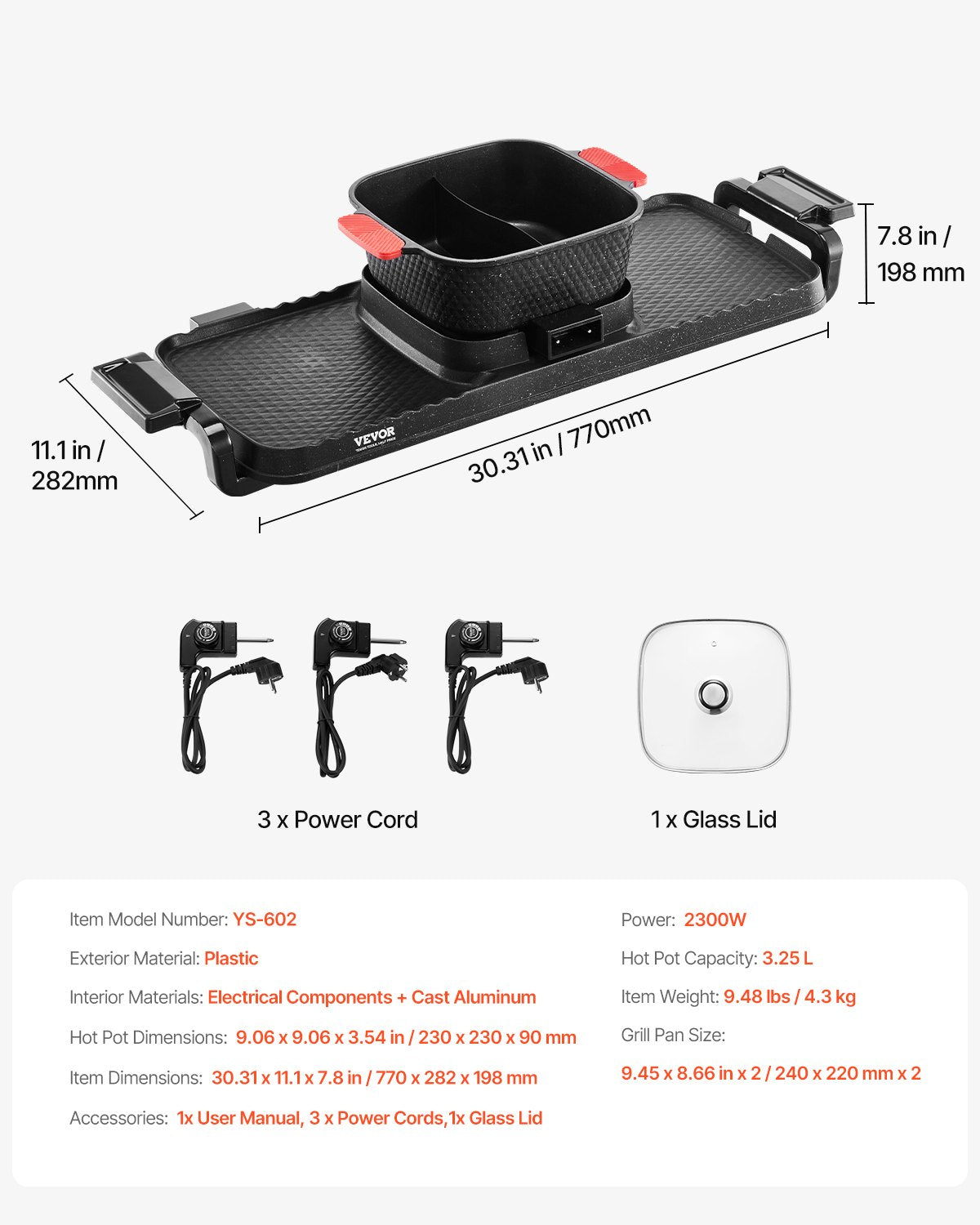 VEVOR Hot Pot with Grill 2300W 2-in-1 Electric Smokeless BBQ with Removable Pot 7