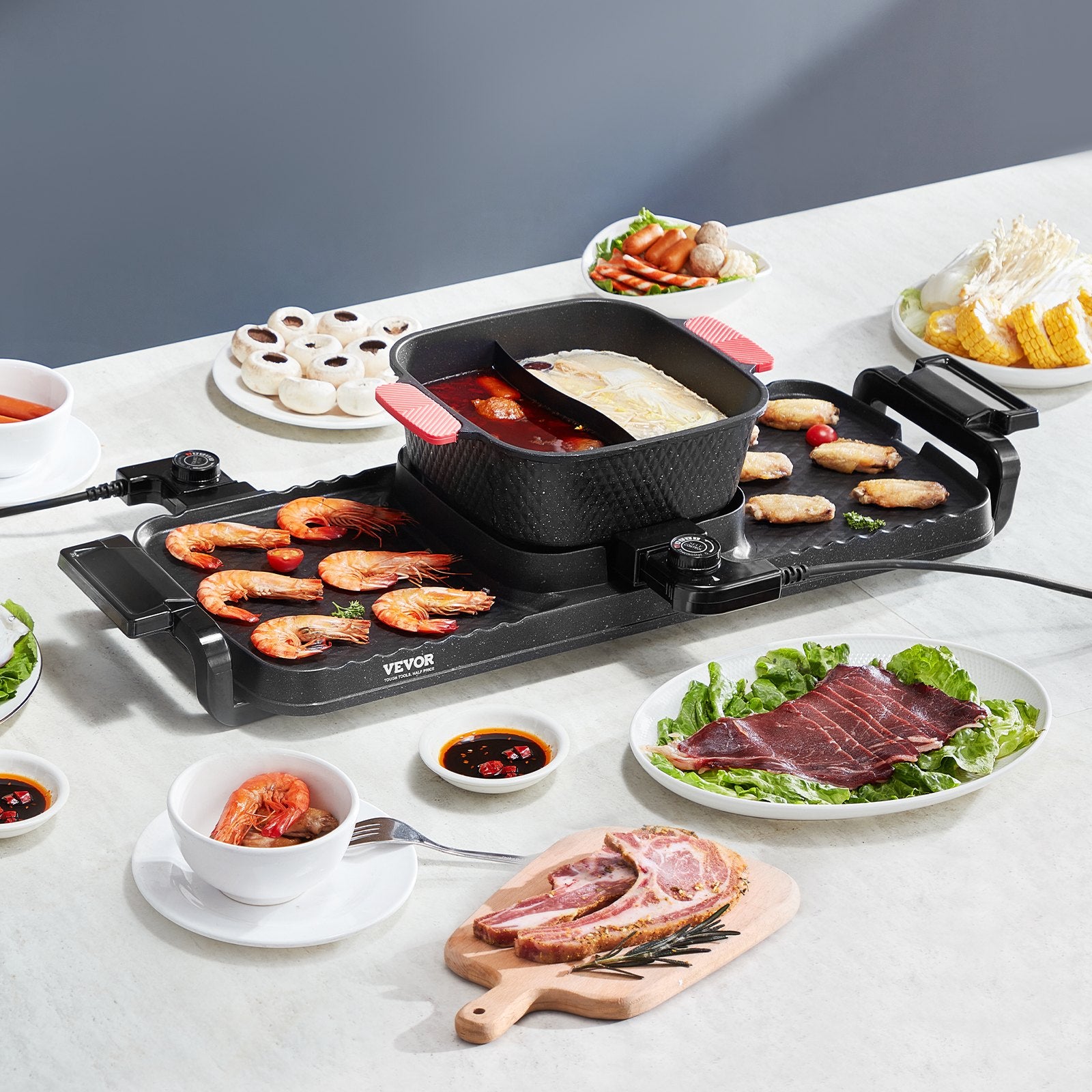VEVOR Hot Pot with Grill 2300W 2-in-1 Electric Smokeless BBQ with Removable Pot 8