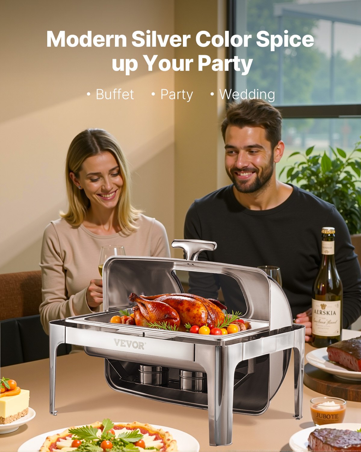 VEVOR Roll Top Chafing Dish Buffet Complete Set, 9 Qt 1 Pack Stainless Steel Chafer with 2 Half Size Pans, Rectangle Catering Warmer Server with Visible Lid Water Pan Folding Stand Fuel Holder, Silver