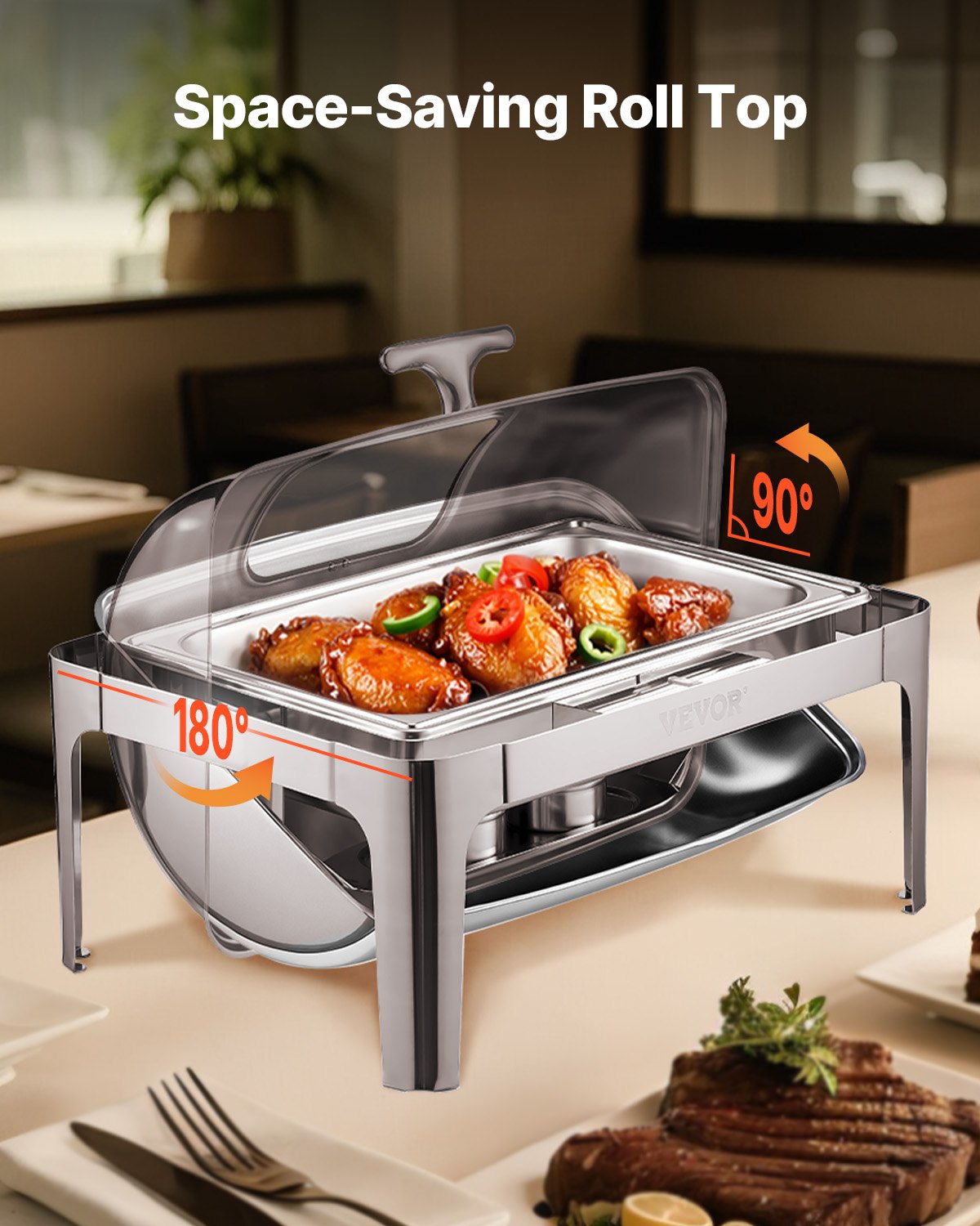 VEVOR Roll Top Chafing Dish Buffet Complete Set, 9 Qt 1 Pack Stainless Steel Chafer with 2 Half Size Pans, Rectangle Catering Warmer Server with Visible Lid Water Pan Folding Stand Fuel Holder, Silver 5