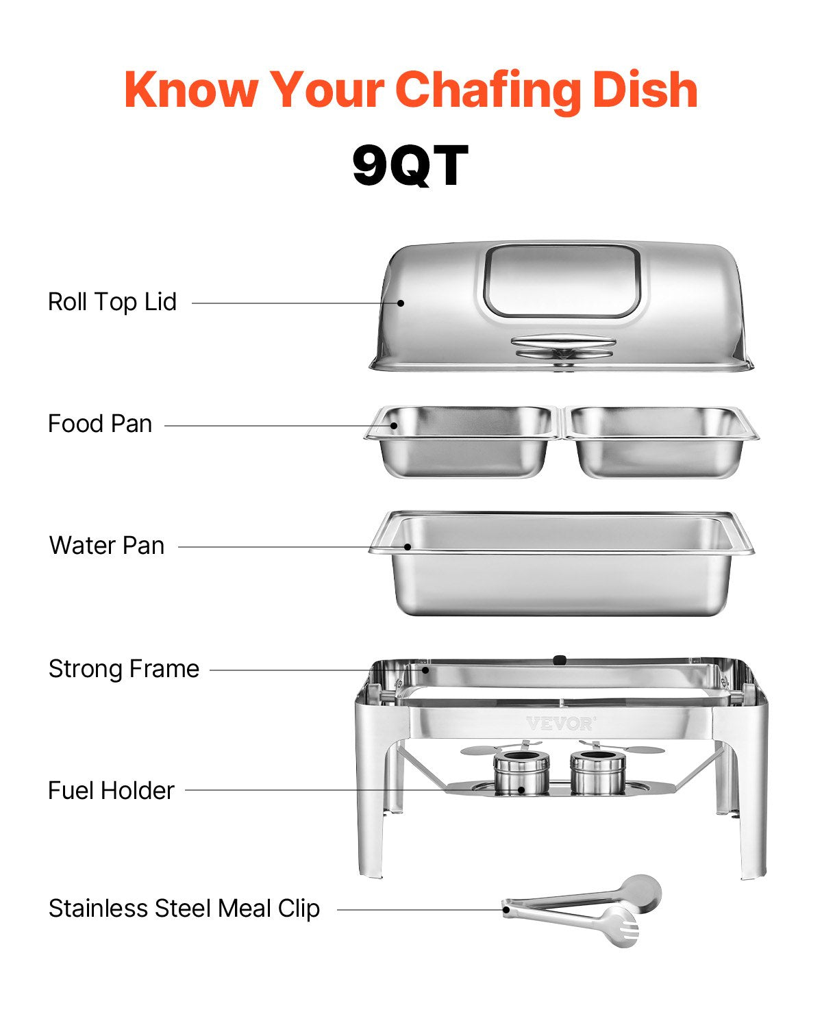 VEVOR Roll Top Chafing Dish Buffet Complete Set, 9 Qt 1 Pack Stainless Steel Chafer with 2 Half Size Pans, Rectangle Catering Warmer Server with Visible Lid Water Pan Folding Stand Fuel Holder, Silver 6