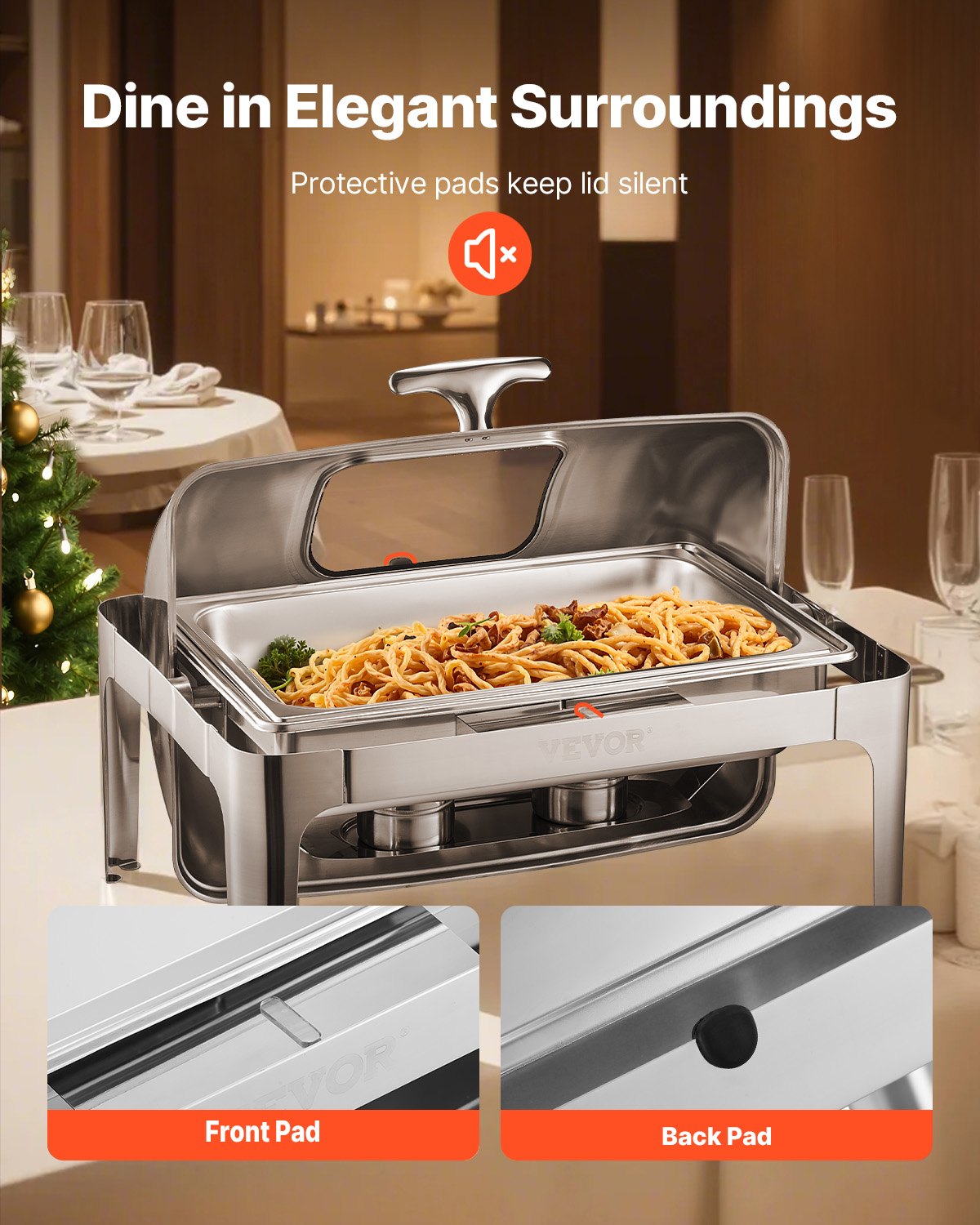 VEVOR Roll Top Chafing Dish Buffet Complete Set, 9 Qt 1 Pack Stainless Steel Chafer with 2 Half Size Pans, Rectangle Catering Warmer Server with Visible Lid Water Pan Folding Stand Fuel Holder, Silver 7