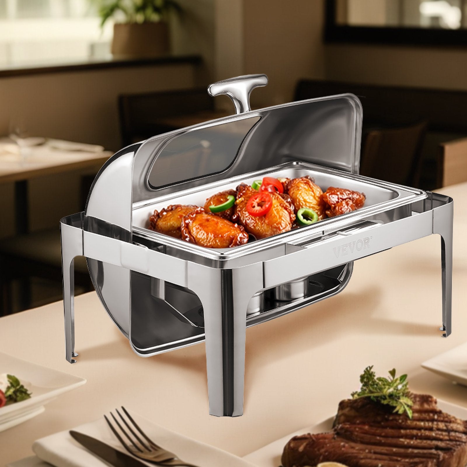 VEVOR Roll Top Chafing Dish Buffet Complete Set, 9 Qt 1 Pack Stainless Steel Chafer with 2 Half Size Pans, Rectangle Catering Warmer Server with Visible Lid Water Pan Folding Stand Fuel Holder, Silver 8