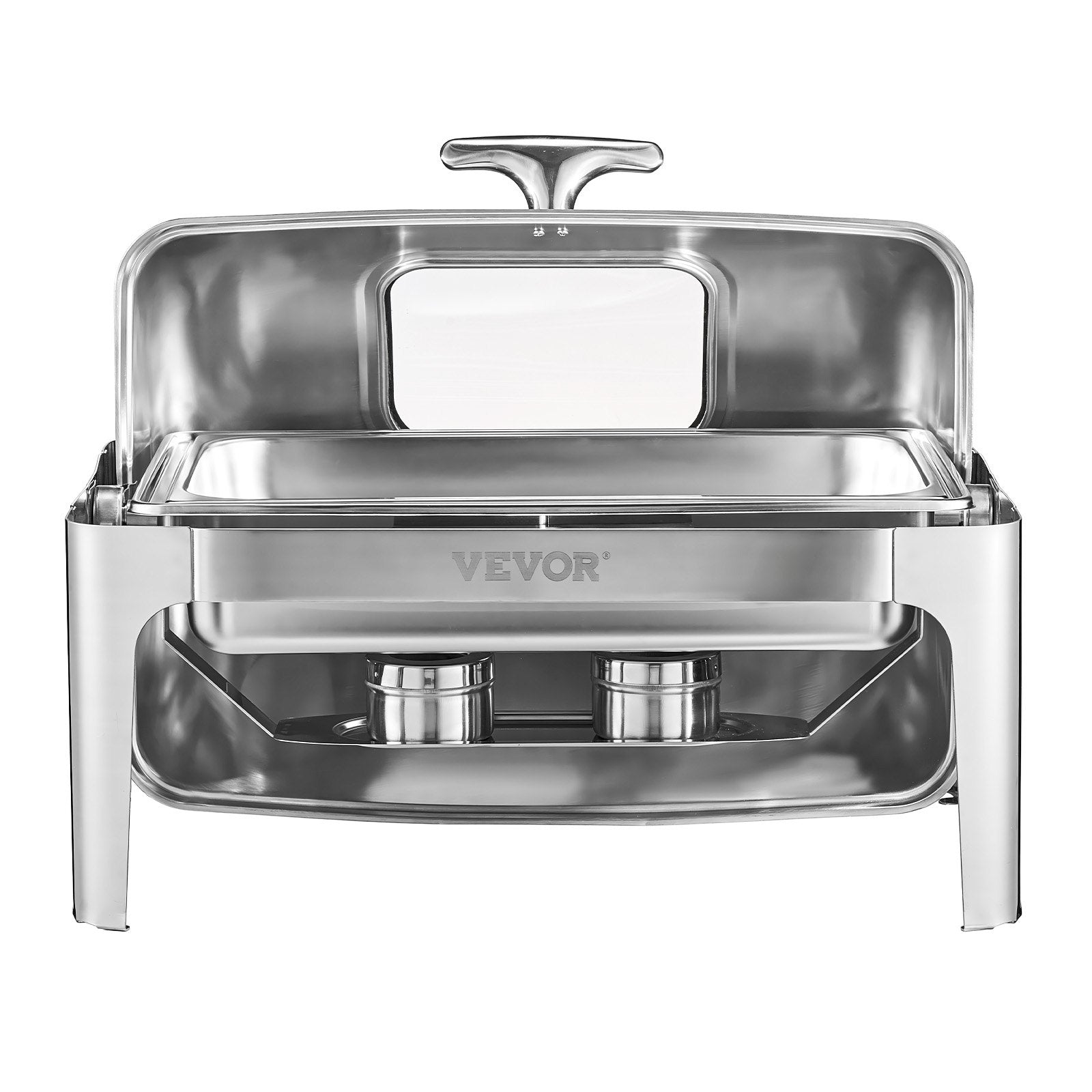 VEVOR Roll Top Chafing Dish Buffet Complete Set, 9 Qt 1 Pack Stainless Steel Chafer with 2 Half Size Pans, Rectangle Catering Warmer Server with Visible Lid Water Pan Folding Stand Fuel Holder, Silver 9