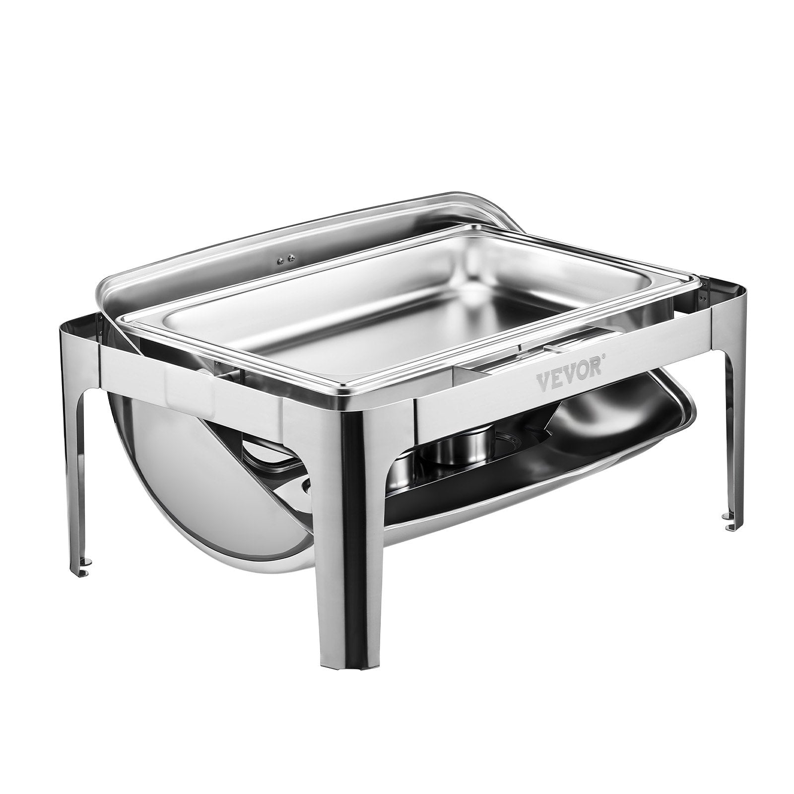 VEVOR Roll Top Chafing Dish Buffet Complete Set, 9 Qt 1 Pack Stainless Steel Chafer with 2 Half Size Pans, Rectangle Catering Warmer Server with Visible Lid Water Pan Folding Stand Fuel Holder, Silver 11