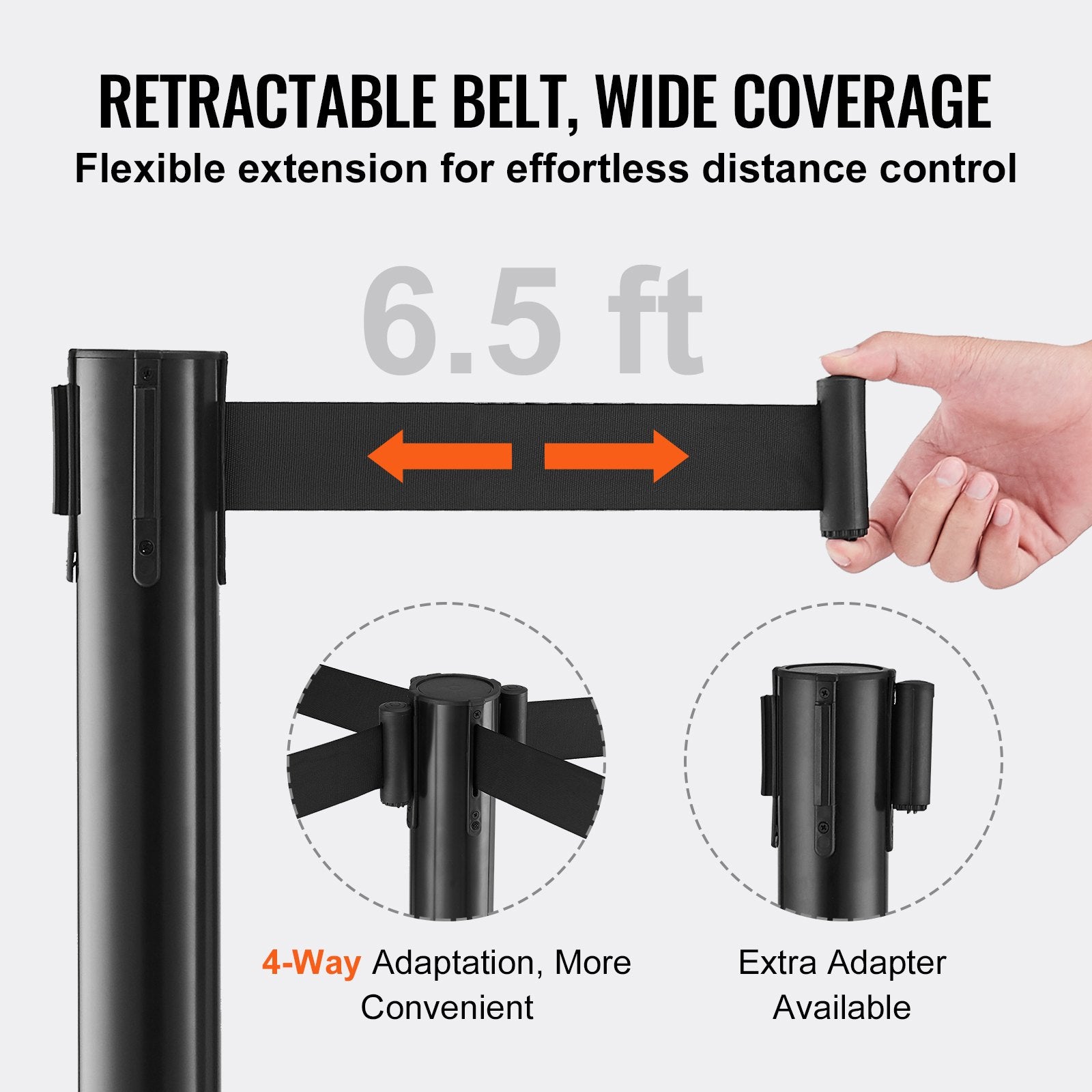 VEVOR Crowd Control Stanchions, 6-Pack Crowd Control Barriers with 3PCS 6.5FT Black Retractable Belts, Plastic Stanchion Queue Post, Belt Barriers Line Divider Stanchion Set for Airport, Exhibition 4