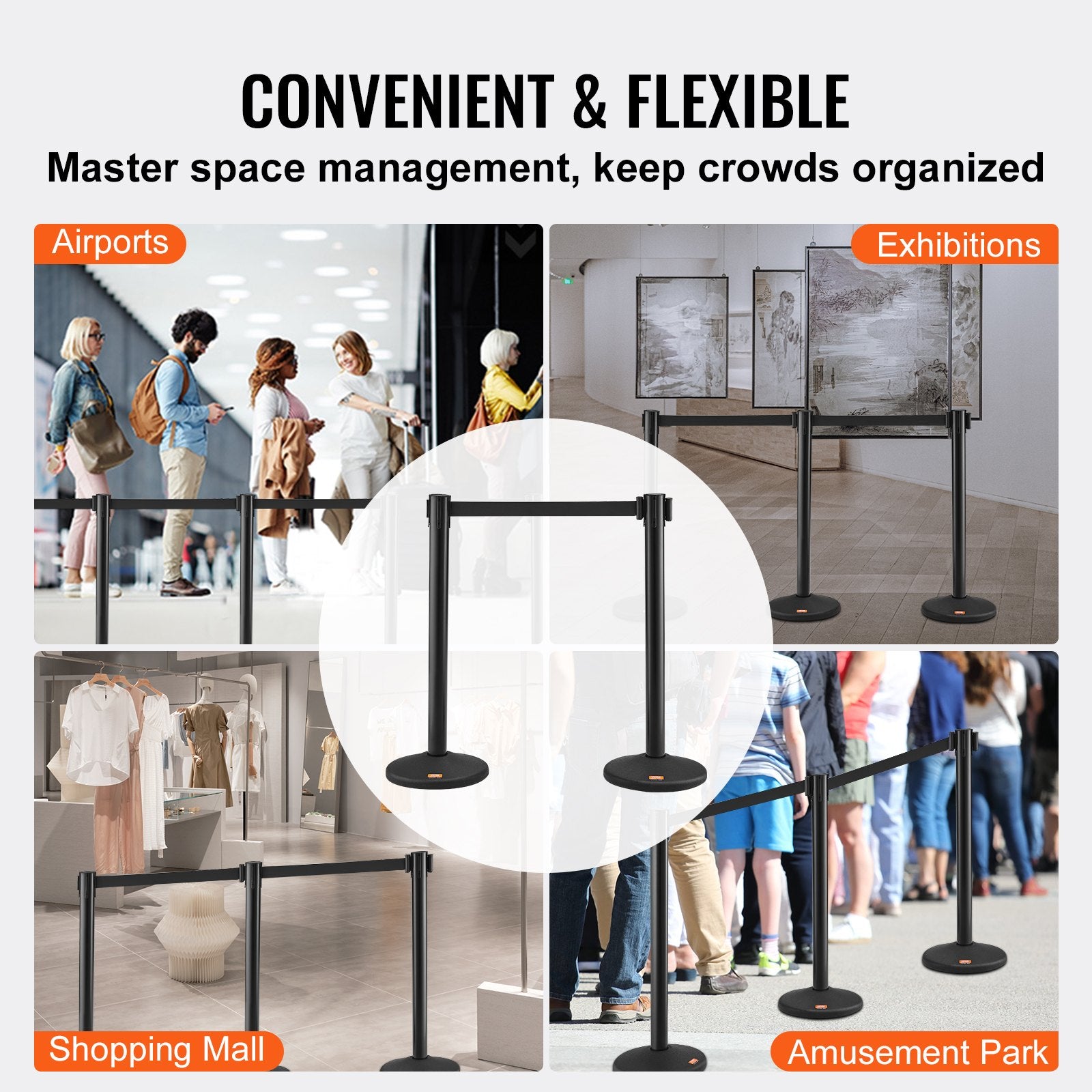 VEVOR Crowd Control Stanchions, 6-Pack Crowd Control Barriers with 3PCS 6.5FT Black Retractable Belts, Plastic Stanchion Queue Post, Belt Barriers Line Divider Stanchion Set for Airport, Exhibition 6