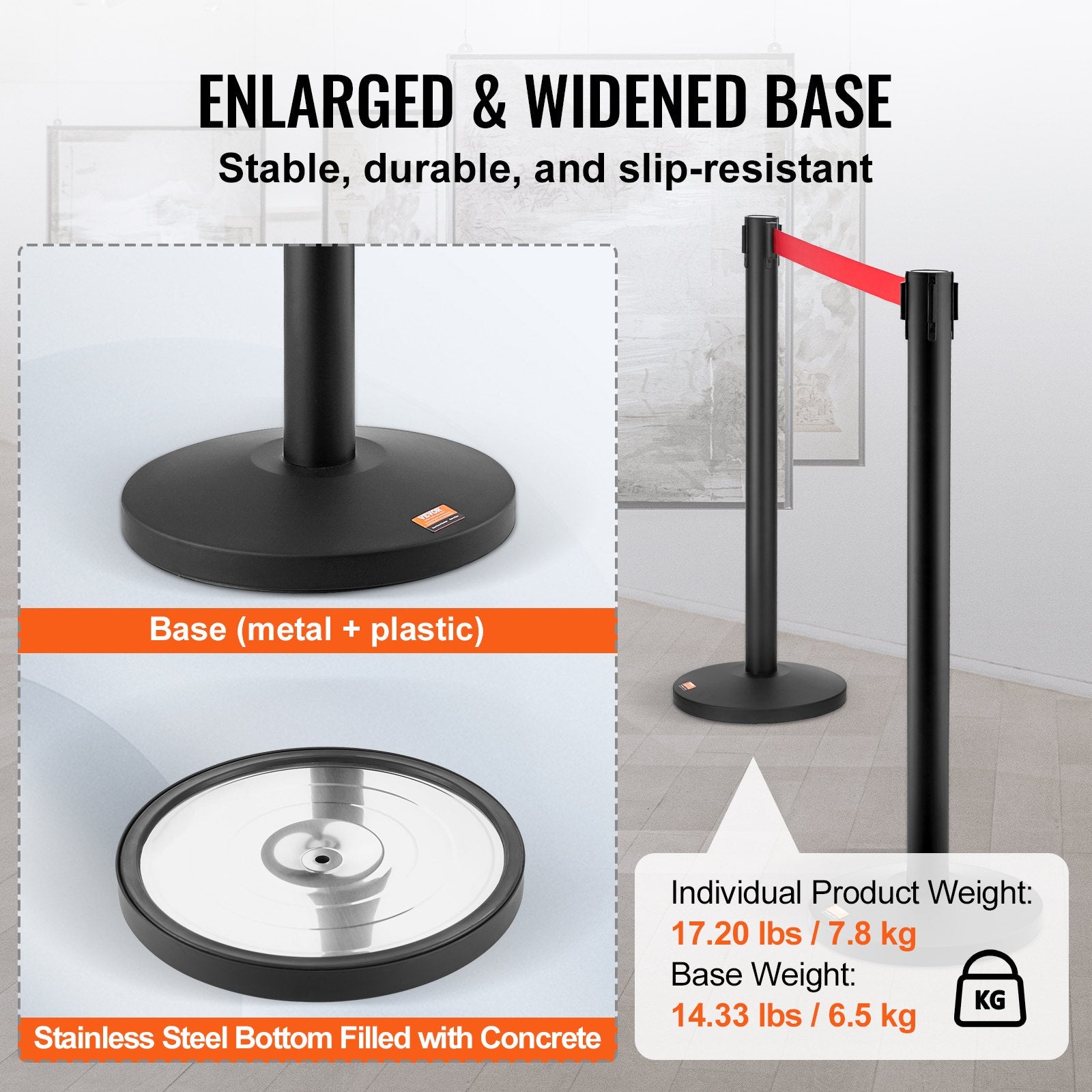 VEVOR Crowd Control Stanchions, 2-Pack Crowd Control Barriers, Carbon Steel Baking Painted Stanchion Queue Post with 11FT Red Retractable Belt, Belt Barriers Line Divider for Exhibition, Airport 3