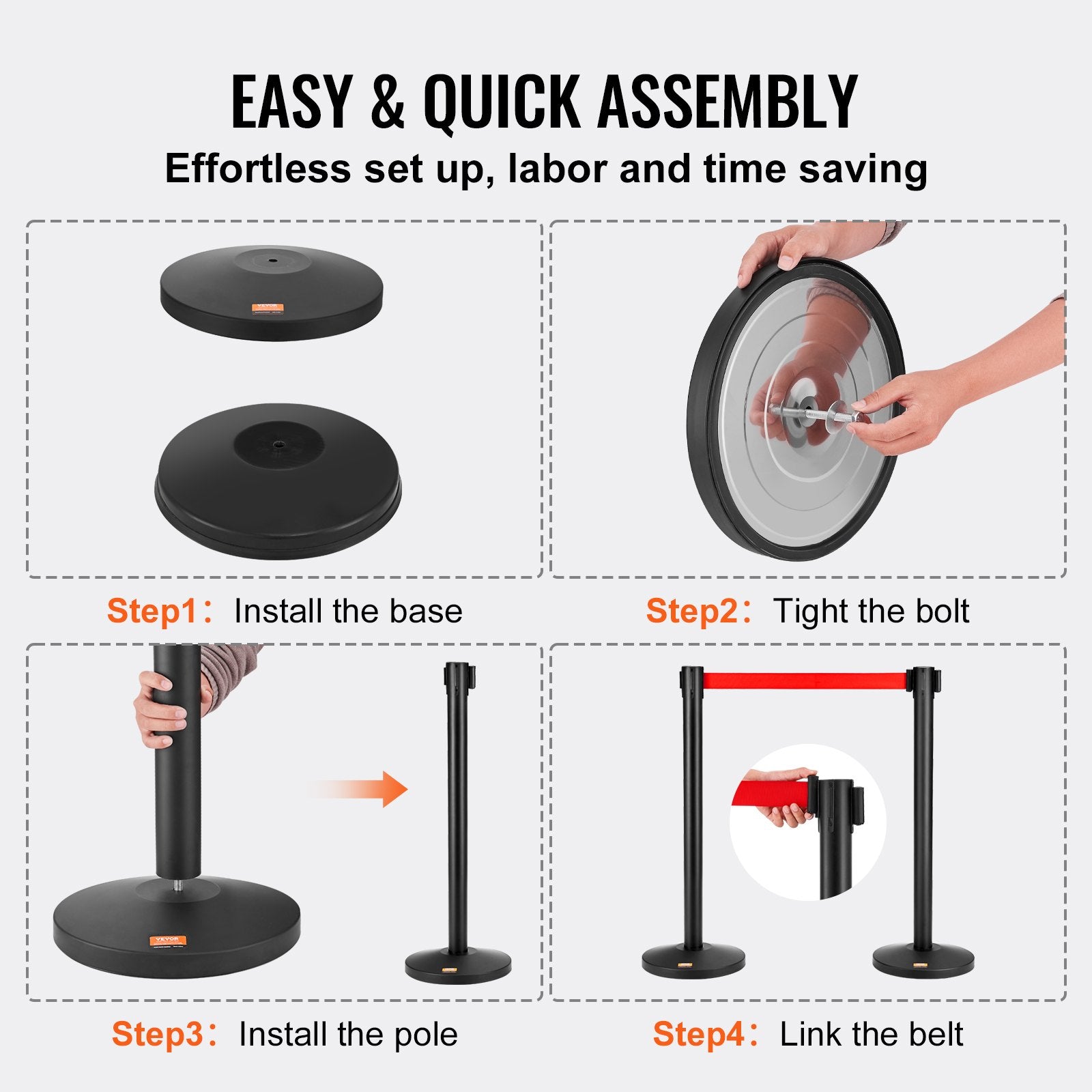 VEVOR Crowd Control Stanchions, 2-Pack Crowd Control Barriers, Carbon Steel Baking Painted Stanchion Queue Post with 11FT Red Retractable Belt, Belt Barriers Line Divider for Exhibition, Airport 4