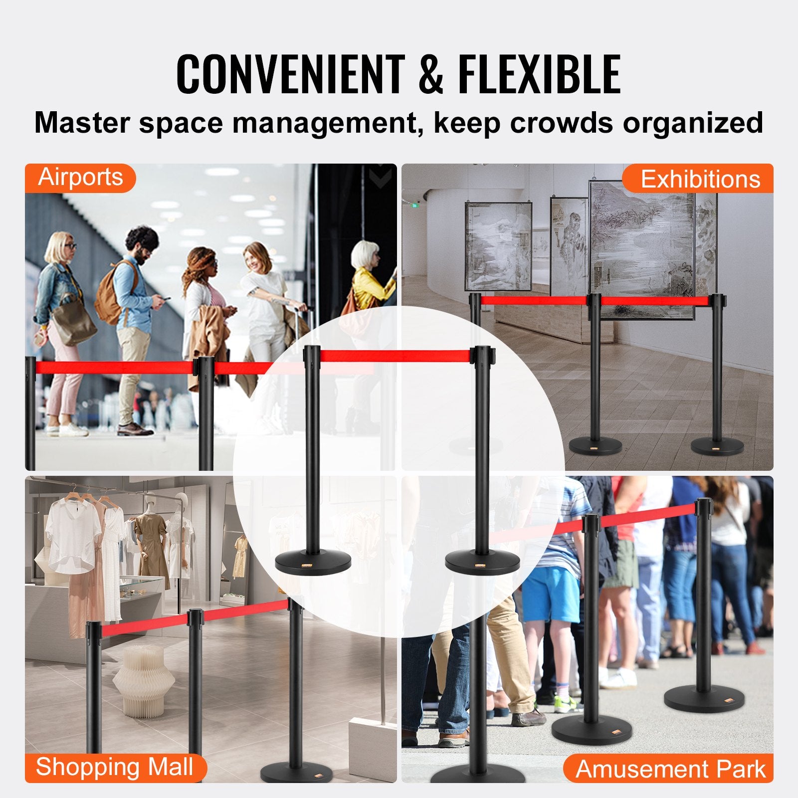 VEVOR Crowd Control Stanchions, 2-Pack Crowd Control Barriers, Carbon Steel Baking Painted Stanchion Queue Post with 11FT Red Retractable Belt, Belt Barriers Line Divider for Exhibition, Airport 5
