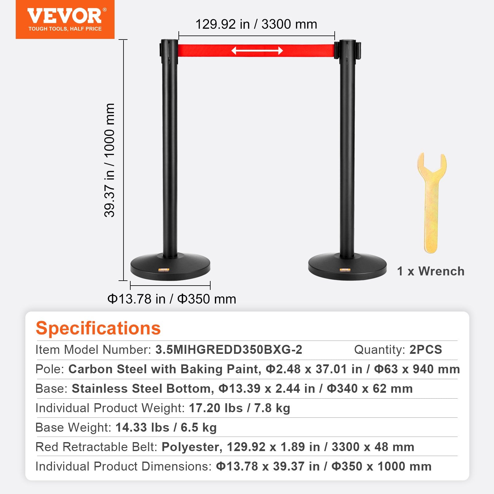 VEVOR Crowd Control Stanchions, 2-Pack Crowd Control Barriers, Carbon Steel Baking Painted Stanchion Queue Post with 11FT Red Retractable Belt, Belt Barriers Line Divider for Exhibition, Airport 6