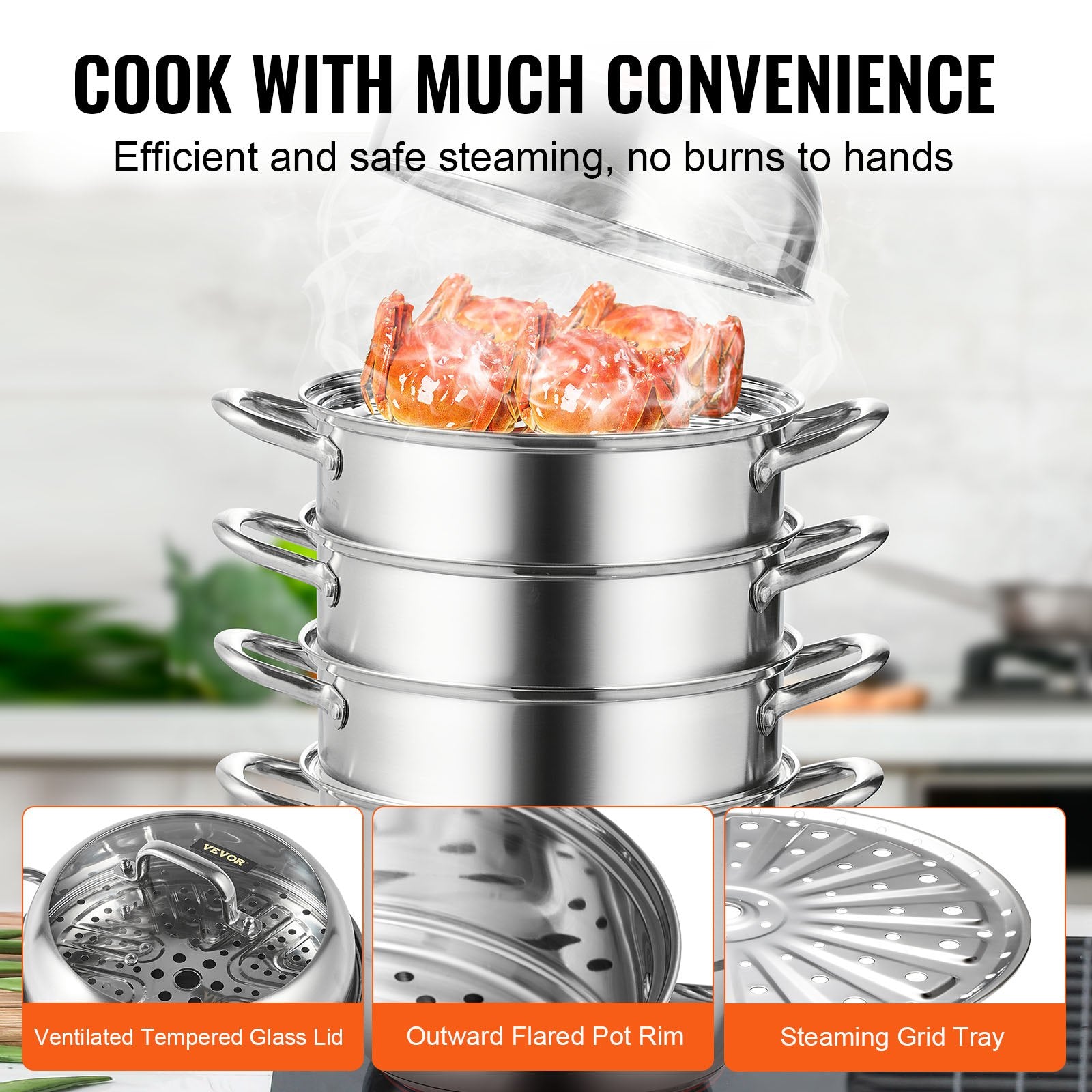 VEVOR Dumpling Steamer Stainless Steel 5 Titer for for Cook Soup, Noodles, Fishes Work with Gas Electric Grill Stove Top, Dia 30cm/11.8inch, Pot 5