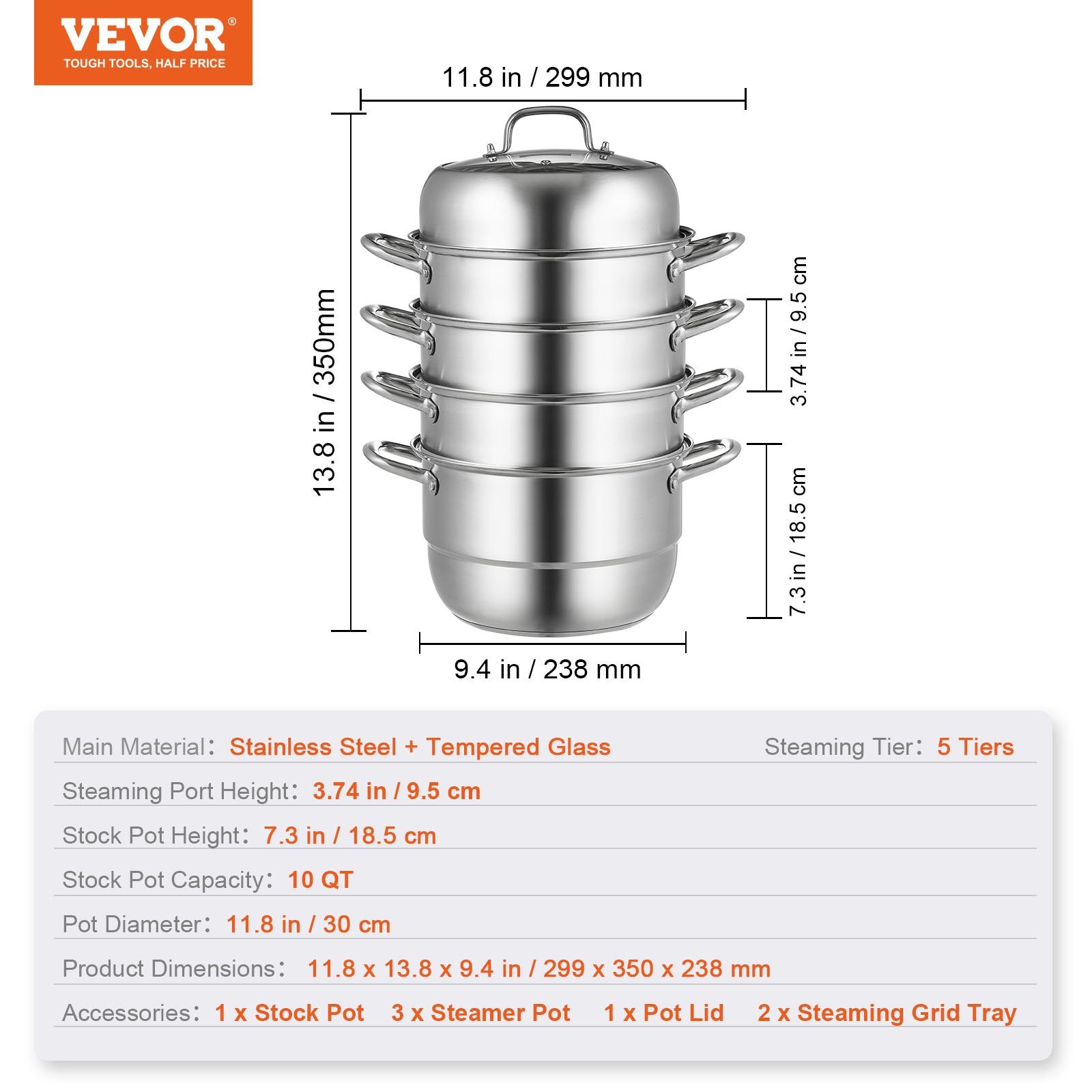 VEVOR Dumpling Steamer Stainless Steel 5 Titer for for Cook Soup, Noodles, Fishes Work with Gas Electric Grill Stove Top, Dia 30cm/11.8inch, Pot 7