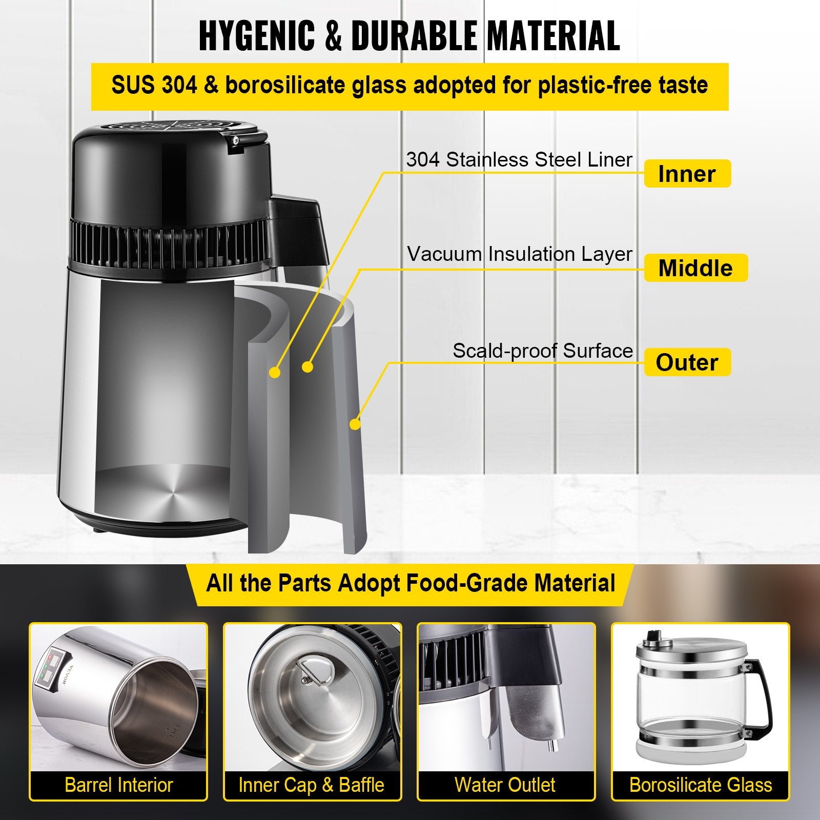 VEVOR 1.1 Gal Water Distiller, 0.3 Gal/H, 750W Distilled Water Maker Machine 0-99H Timing Set Temp Display, 304 Stainless Steel Countertop Distiller Glass Carafe Cleaning Powder 3 Carbon Packs, Silver 4
