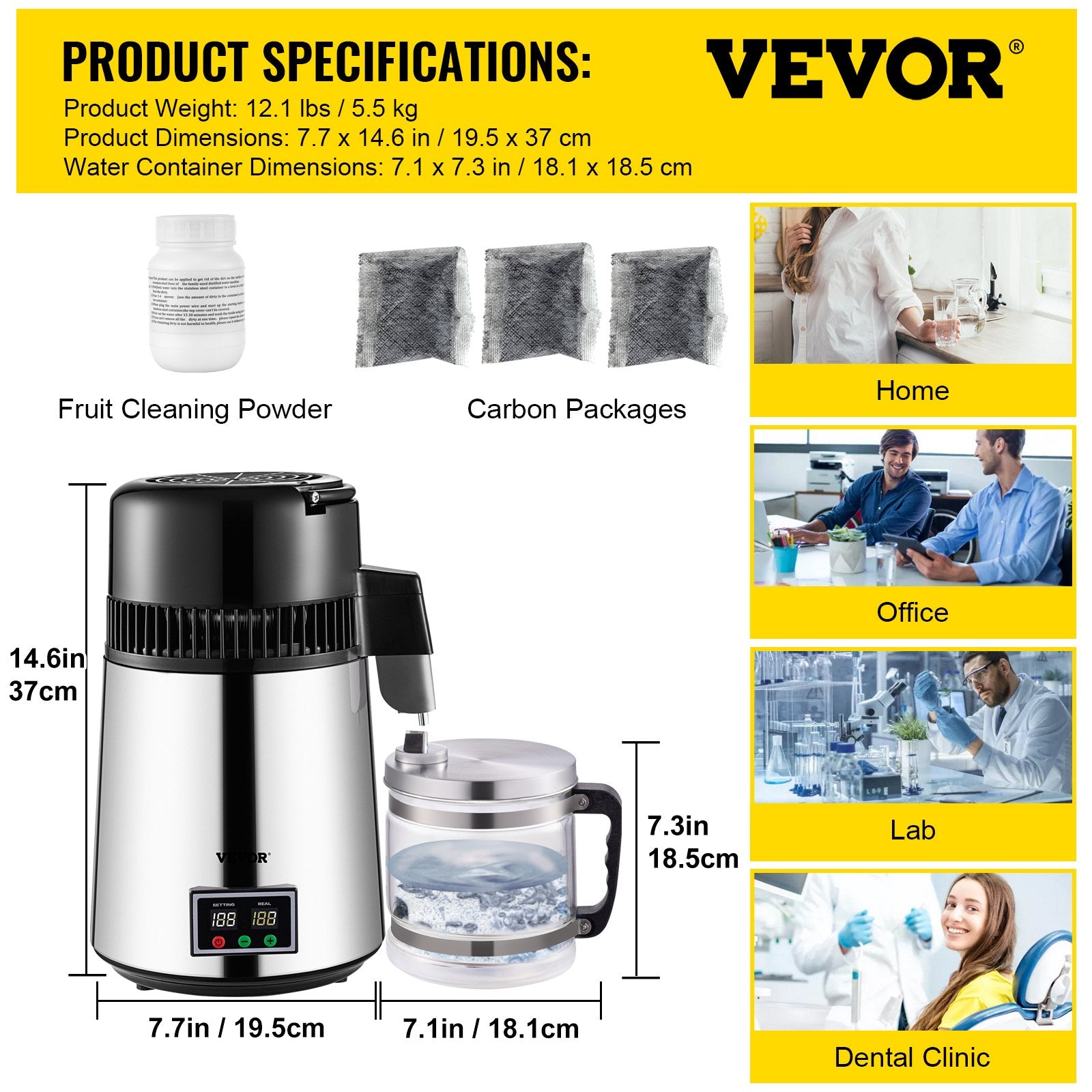 VEVOR 1.1 Gal Water Distiller, 0.3 Gal/H, 750W Distilled Water Maker Machine 0-99H Timing Set Temp Display, 304 Stainless Steel Countertop Distiller Glass Carafe Cleaning Powder 3 Carbon Packs, Silver 6