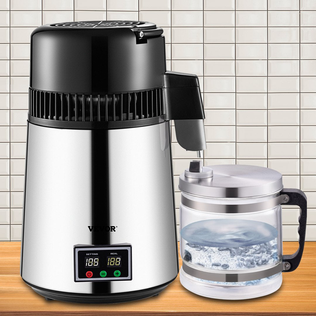 VEVOR 1.1 Gal Water Distiller, 0.3 Gal/H, 750W Distilled Water Maker Machine 0-99H Timing Set Temp Display, 304 Stainless Steel Countertop Distiller Glass Carafe Cleaning Powder 3 Carbon Packs, Silver 7