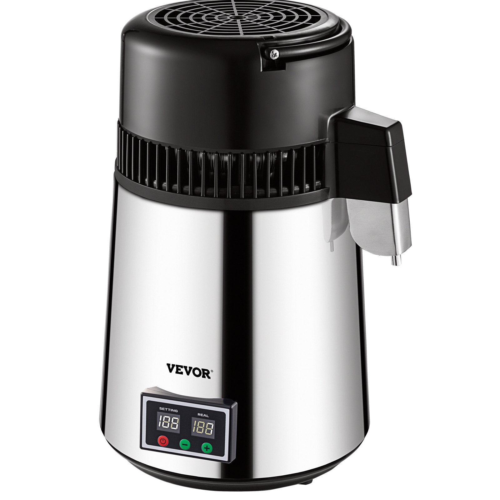 VEVOR 1.1 Gal Water Distiller, 0.3 Gal/H, 750W Distilled Water Maker Machine 0-99H Timing Set Temp Display, 304 Stainless Steel Countertop Distiller Glass Carafe Cleaning Powder 3 Carbon Packs, Silver 8