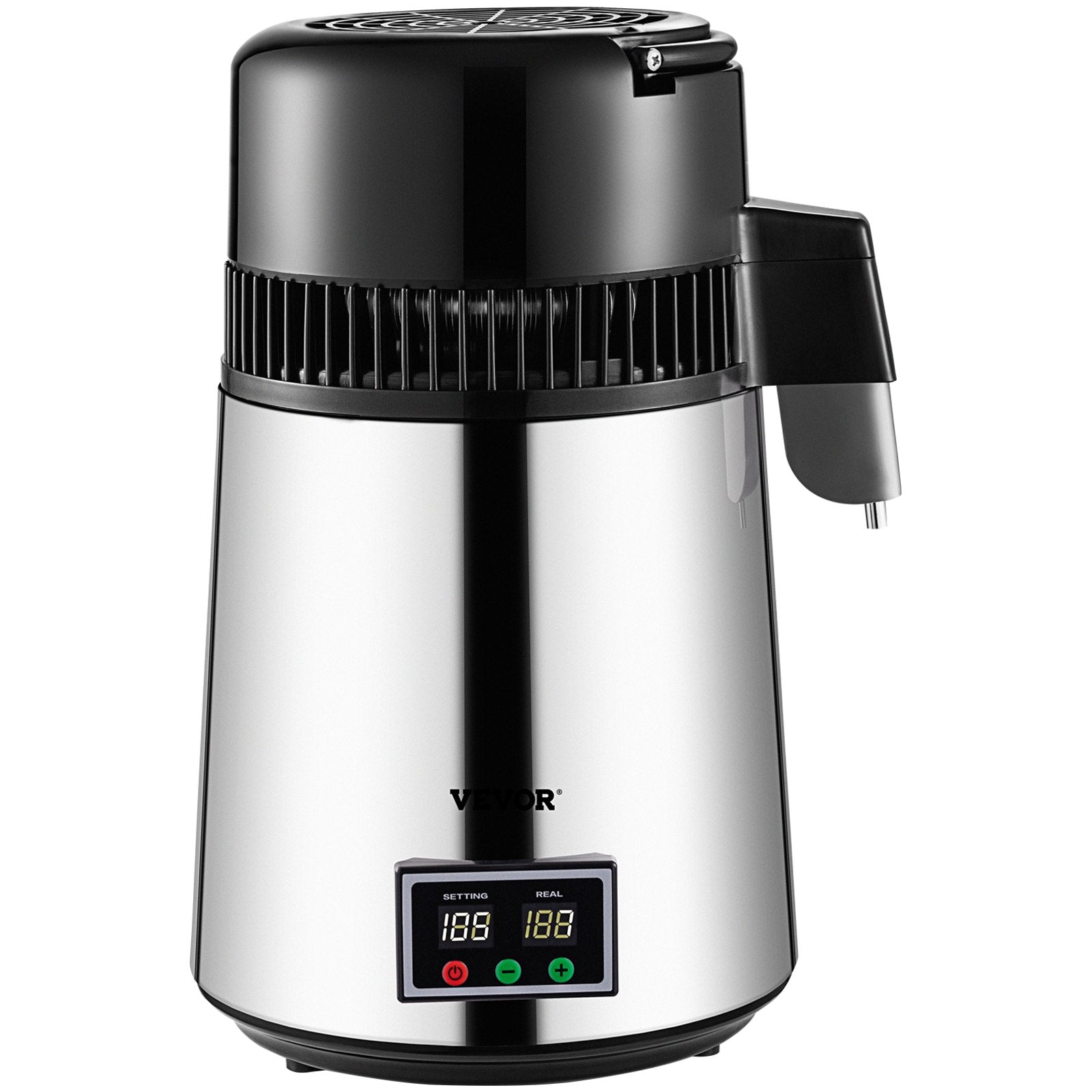 VEVOR 1.1 Gal Water Distiller, 0.3 Gal/H, 750W Distilled Water Maker Machine 0-99H Timing Set Temp Display, 304 Stainless Steel Countertop Distiller Glass Carafe Cleaning Powder 3 Carbon Packs, Silver 9