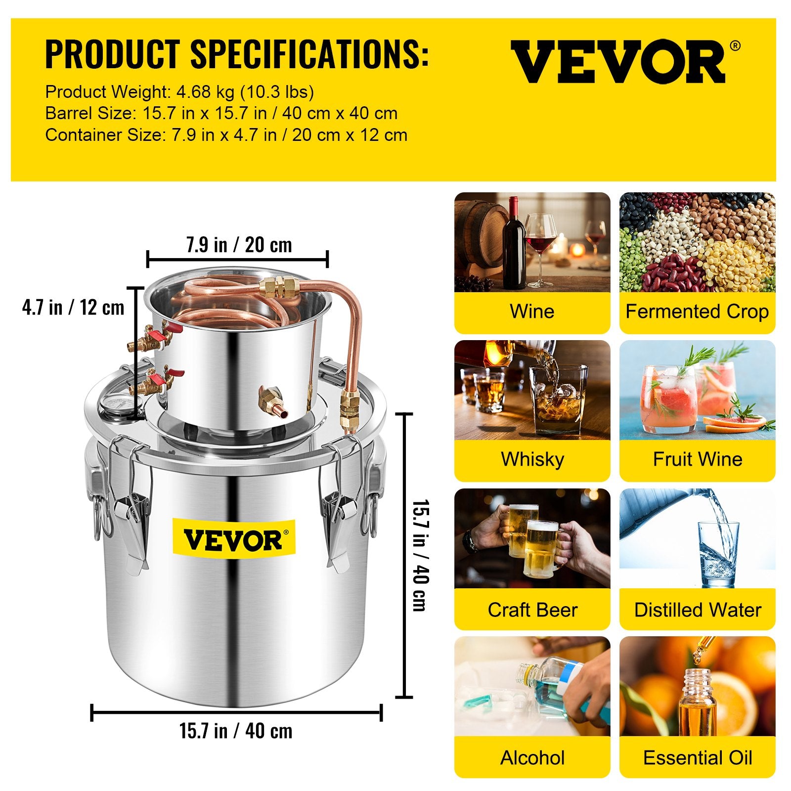 VEVOR 50L Water Alcohol Distiller Copper Moonshinestill Brewing w/ Water Pump 7