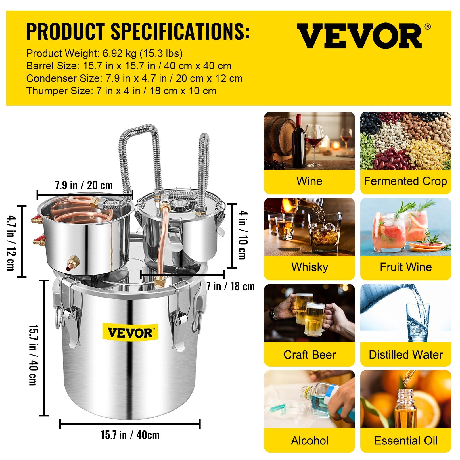 VEVOR Moonshine Still Water Alcohol Distiller 50L w/Thumper Keg & Water Pump 7