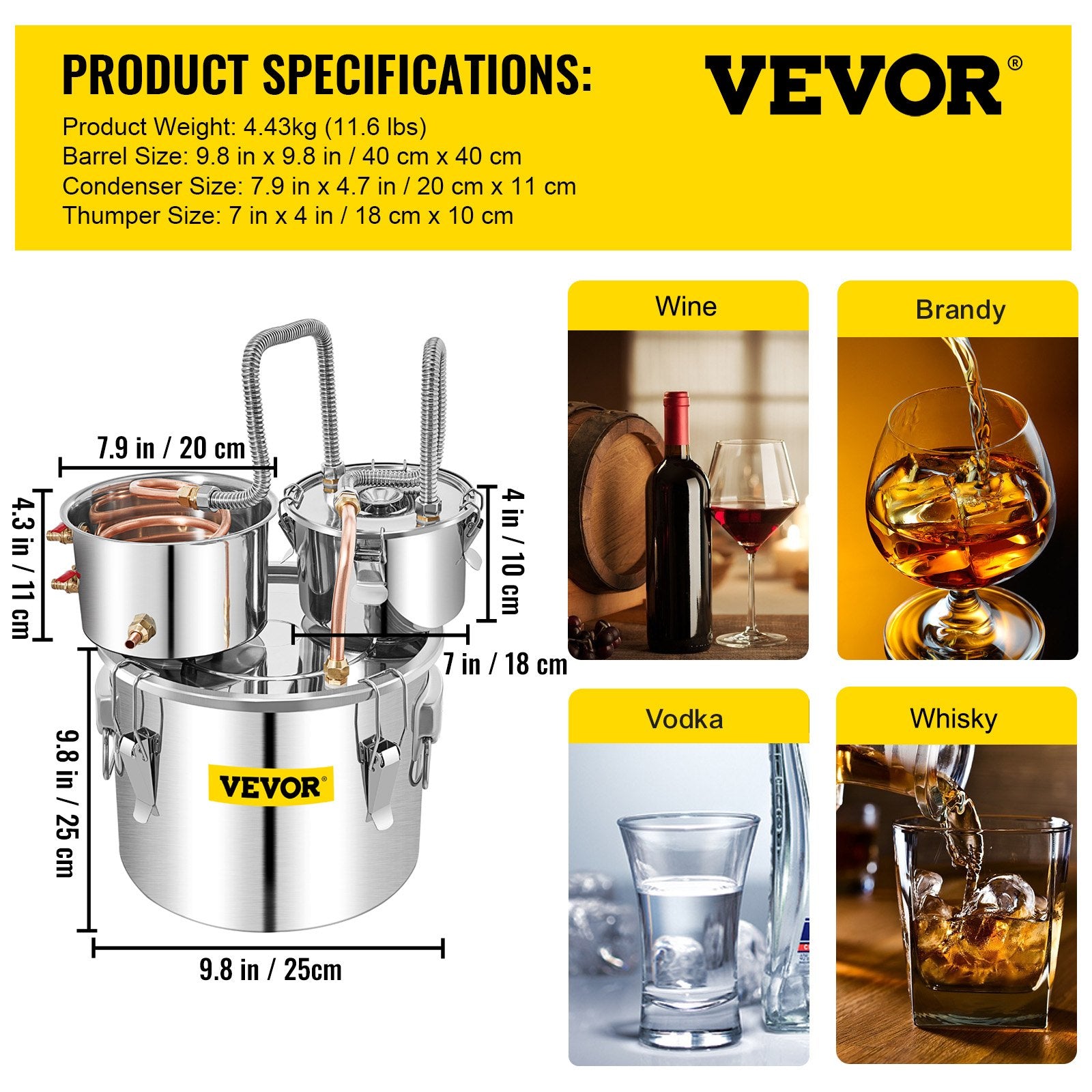 VEVOR 3 Pot 12L Alcohol Distiller Water Wine Boiler Home Brew Moonshinestill 7