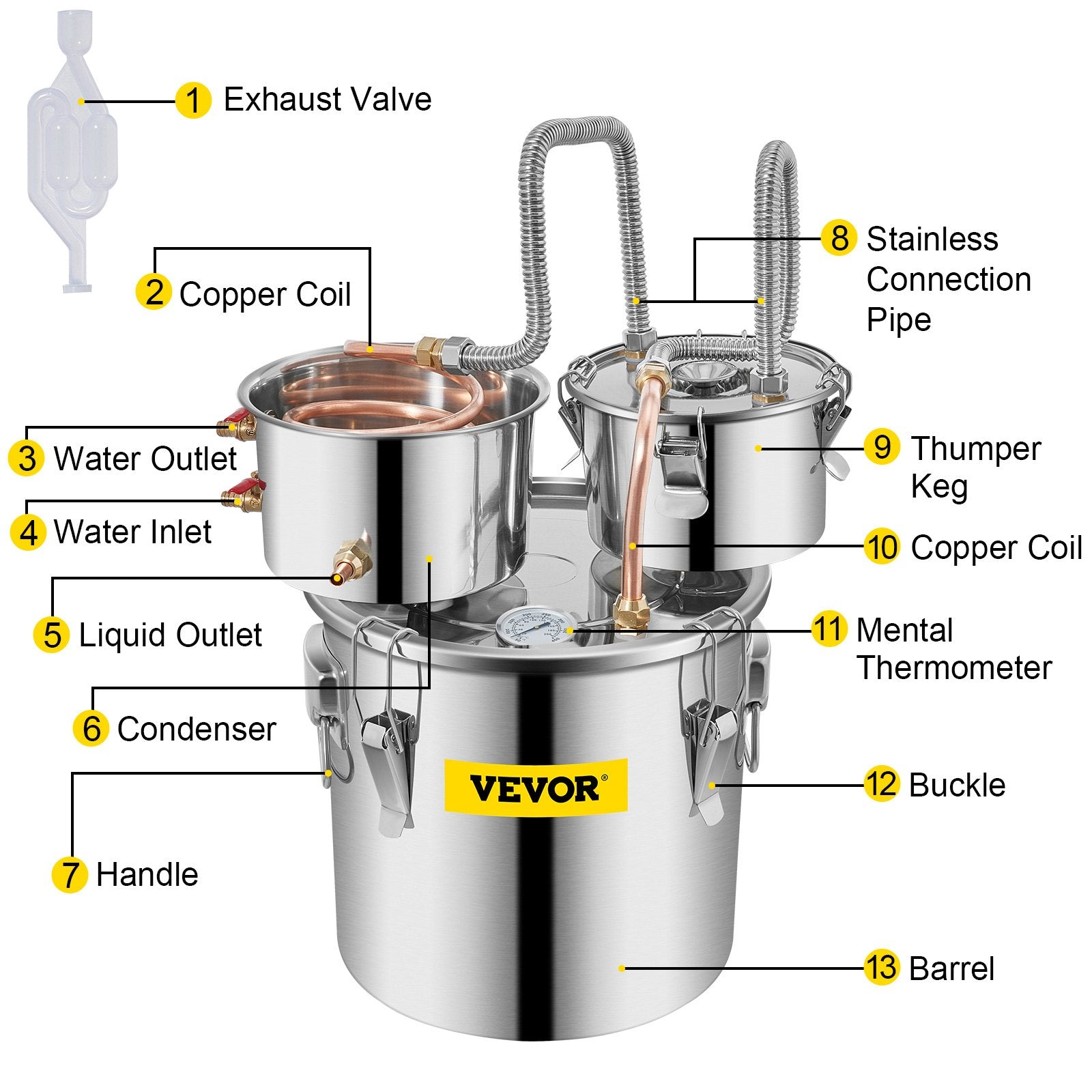 VEVOR 3 Pot 12L Alcohol Distiller Water Wine Boiler Home Brew Moonshinestill 10