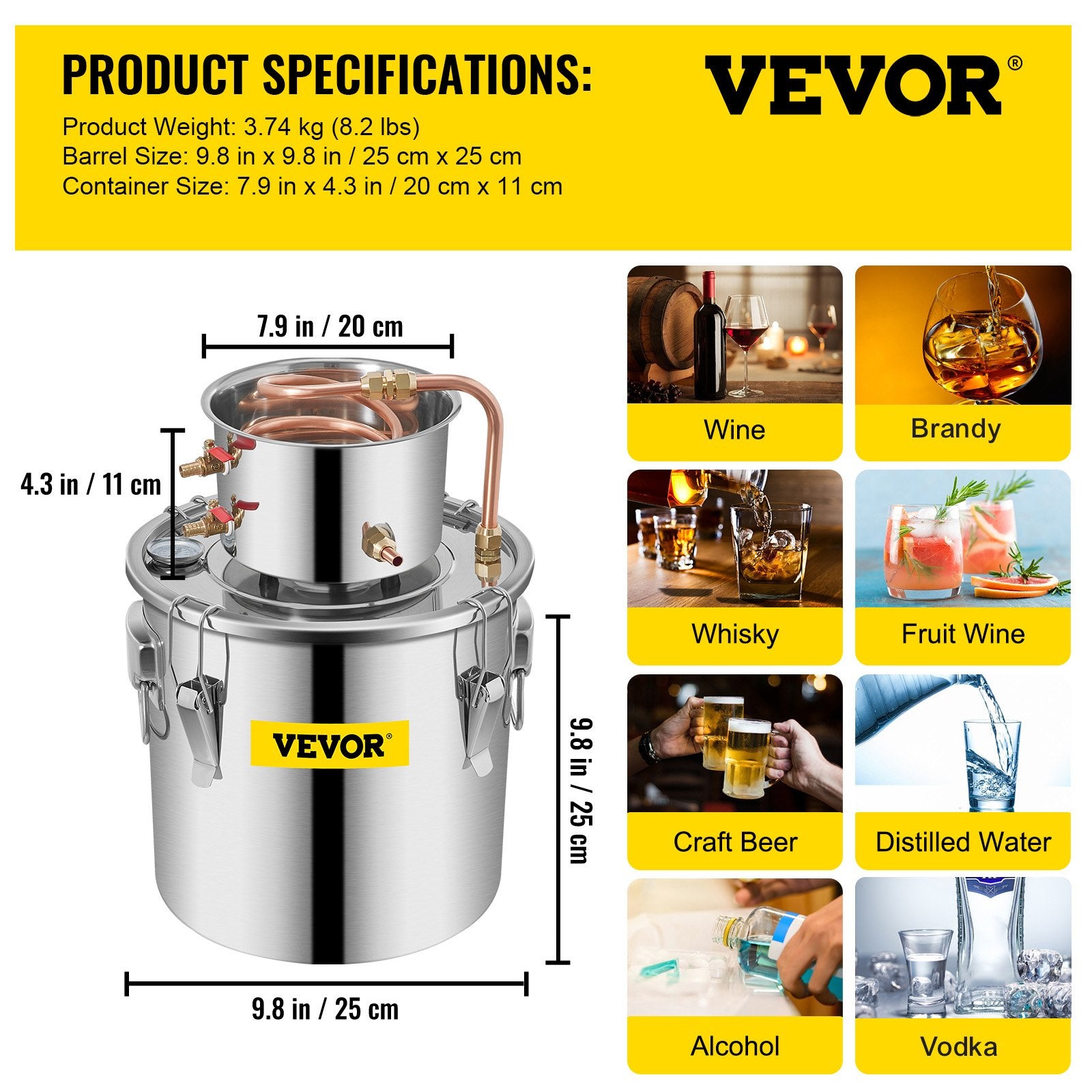 VEVOR Moonshine Still 3 Gal 12L Stainless Steel Water Alcohol Distiller Copper Tube Home Brewing Kit Build-in Thermometer for DIY Whisky Wine Brandy, 3Gal, Sliver 7