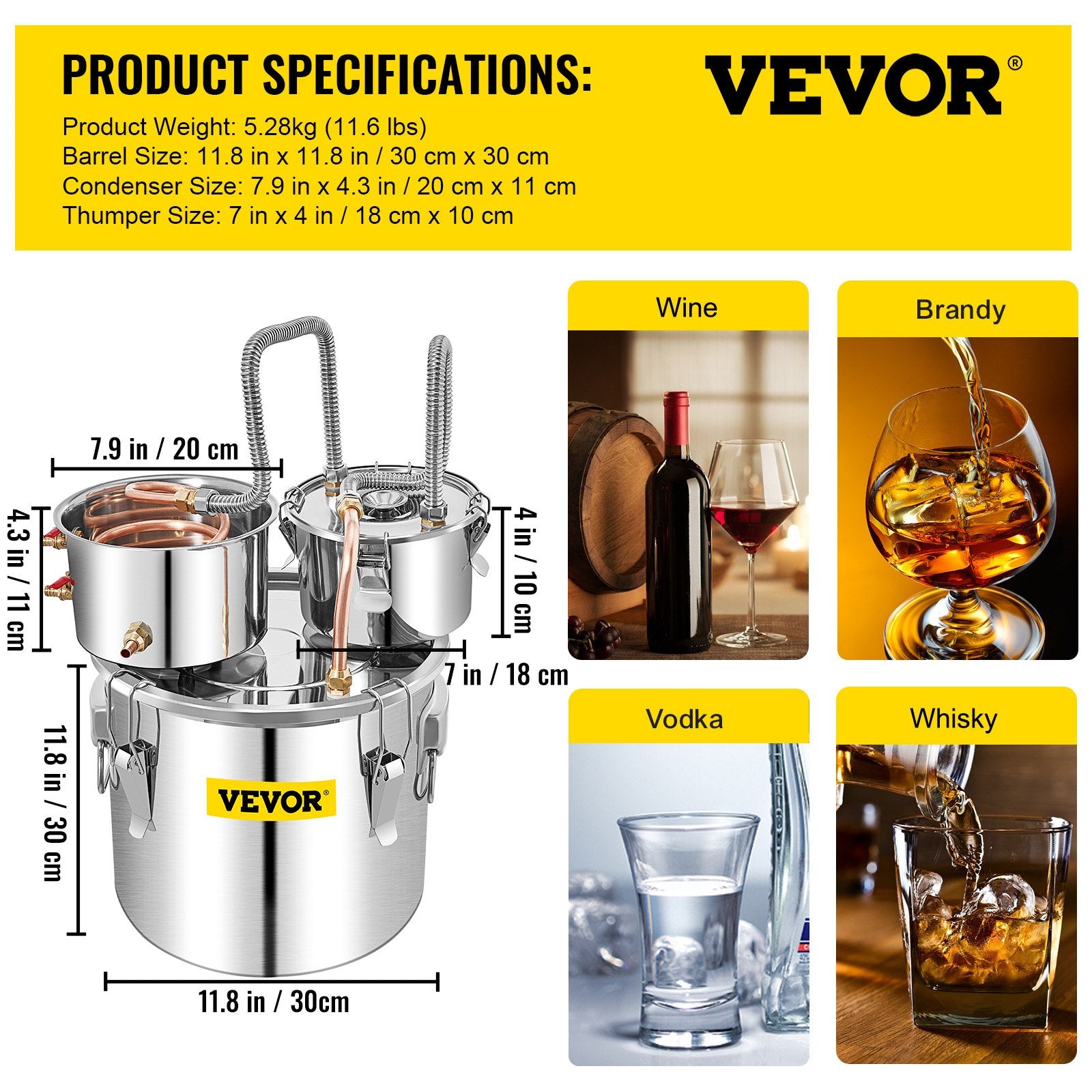 VEVOR Moonshine Still 5 Gal 21L Stainless Steel Water Alcohol Distiller Copper Tube Home Brewing Kit Build-in Thermometer for DIY Whisky Wine Brandy, 5GAL, 3 pots 7