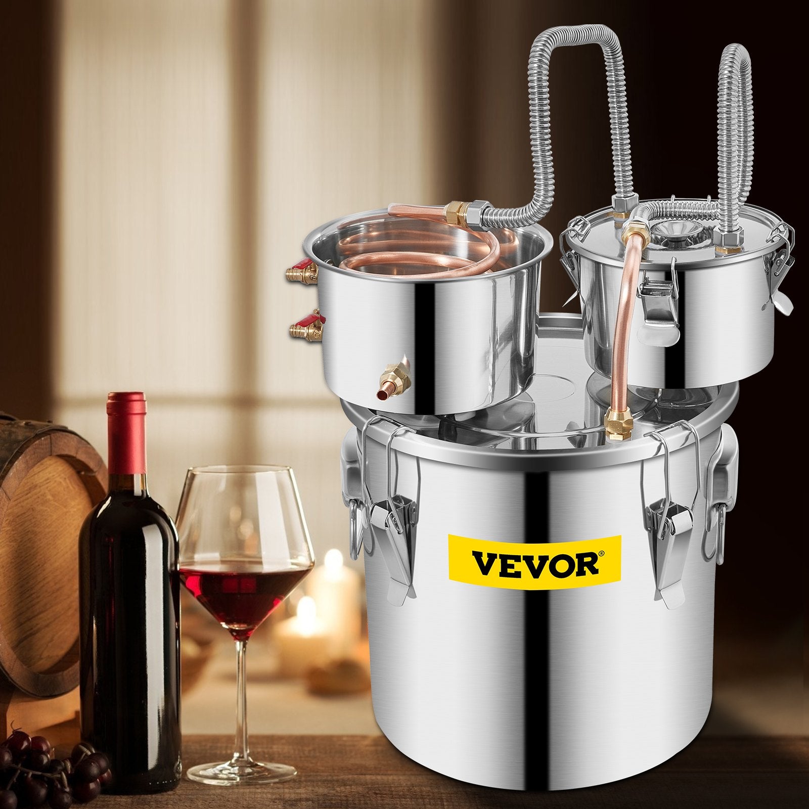 VEVOR Moonshine Still 5 Gal 21L Stainless Steel Water Alcohol Distiller Copper Tube Home Brewing Kit Build-in Thermometer for DIY Whisky Wine Brandy, 5GAL, 3 pots 8