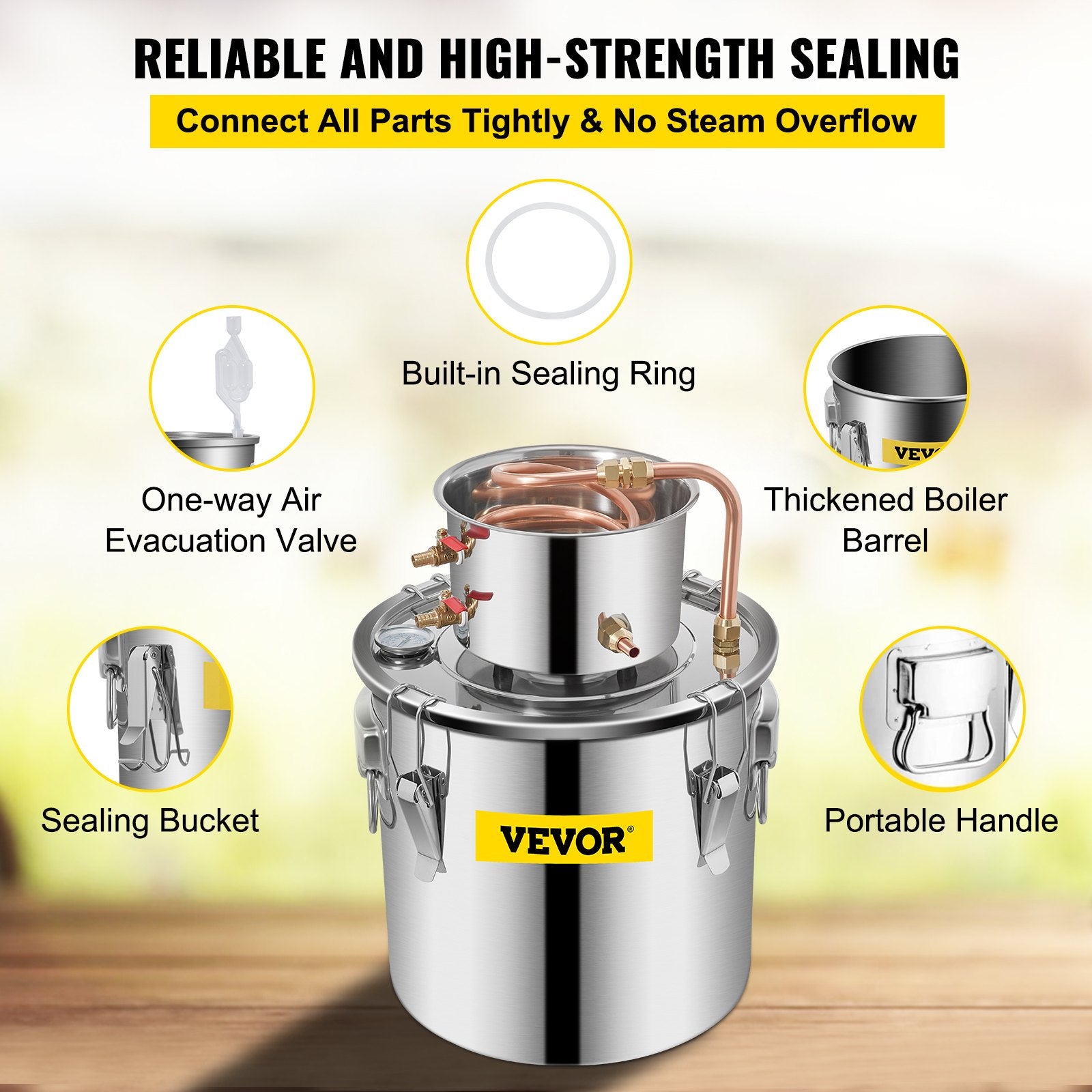 VEVOR Moonshine Still 5 Gal 21L Stainless Steel Water Alcohol Distiller Copper Tube Home Brewing Kit Build-in Thermometer for DIY Whisky Wine Brandy, 5Gal, Silver 6
