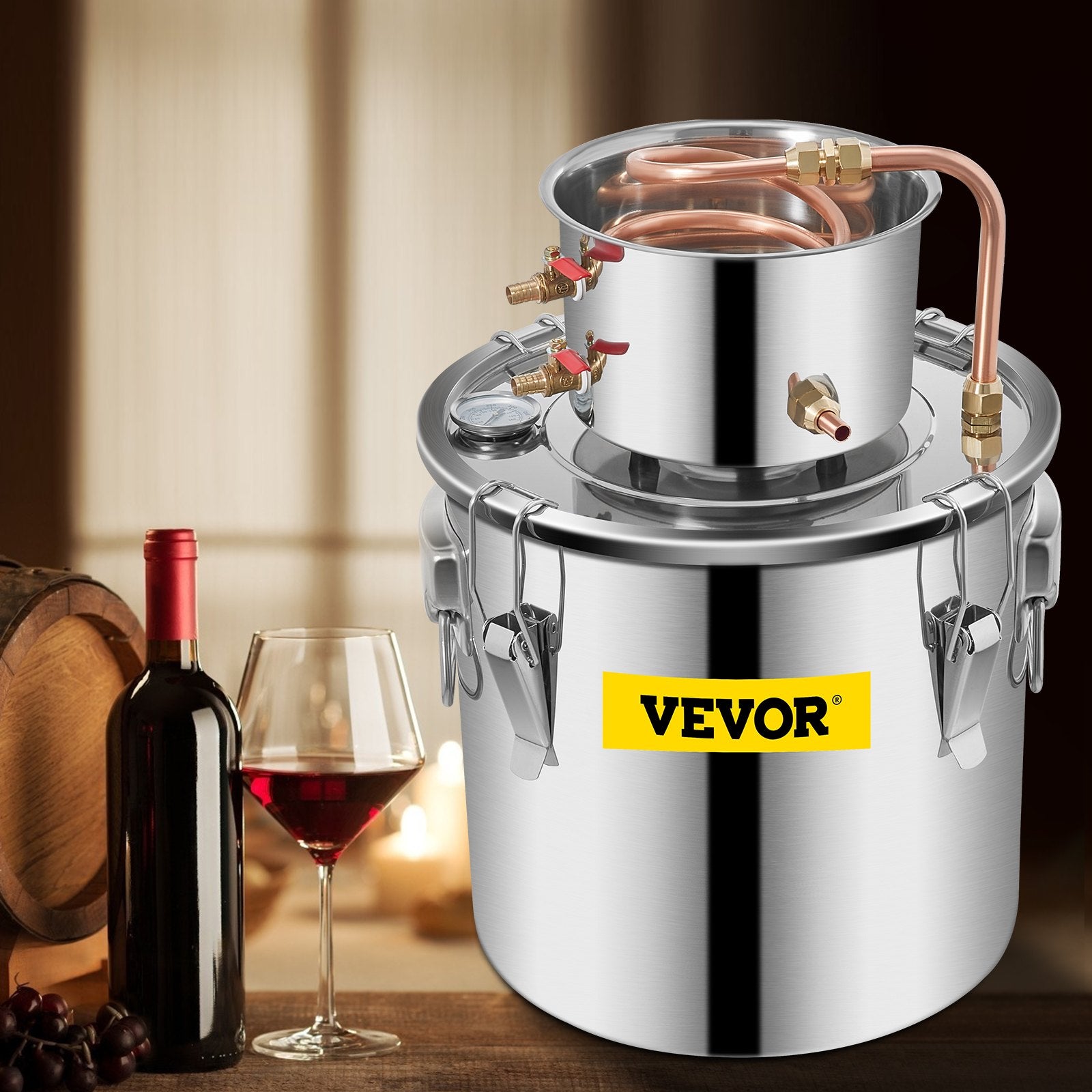 VEVOR Moonshine Still 5 Gal 21L Stainless Steel Water Alcohol Distiller Copper Tube Home Brewing Kit Build-in Thermometer for DIY Whisky Wine Brandy, 5Gal, Silver 8