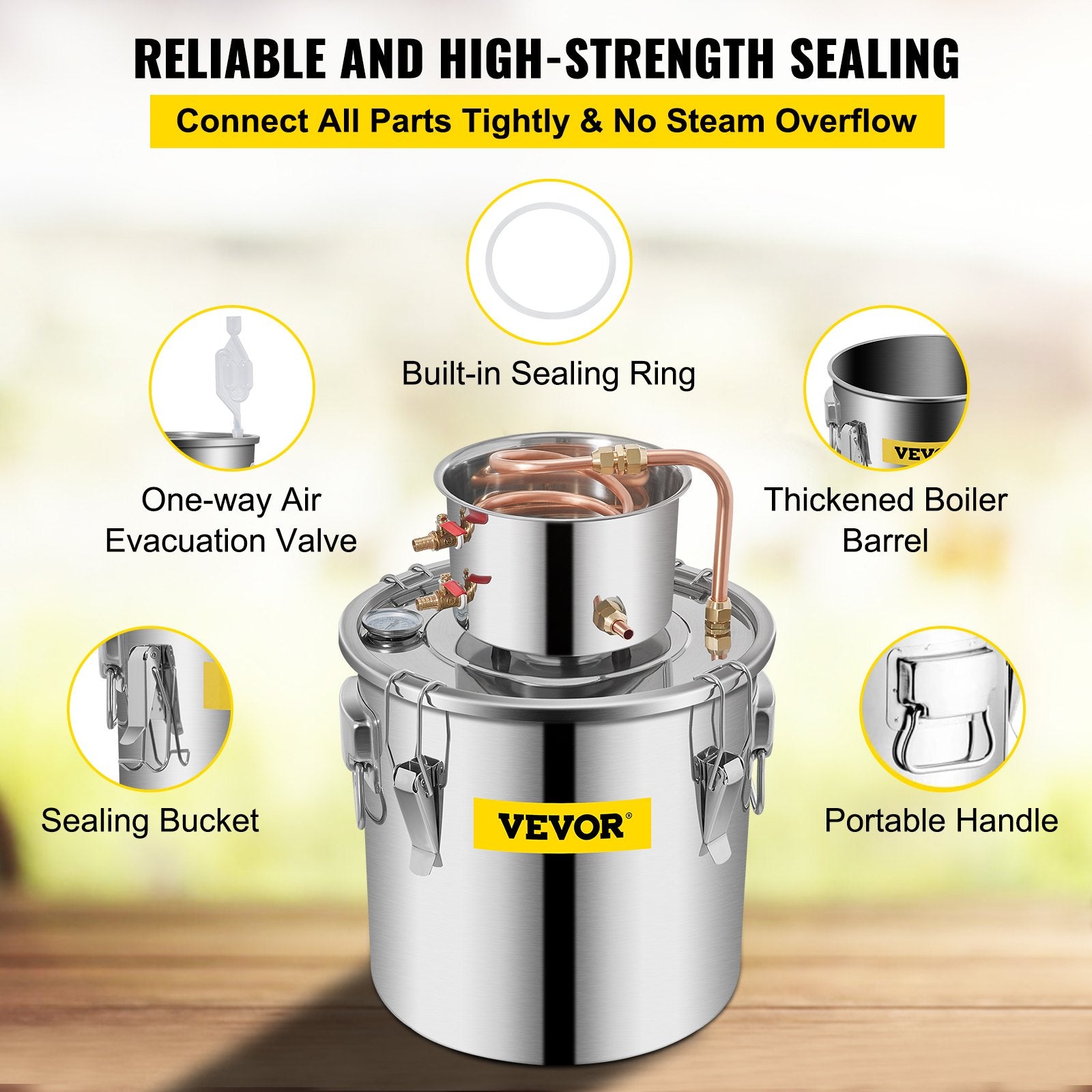 VEVOR Moonshine Still 9.6Gal 38L Stainless Steel Water Alcohol Distiller Copper Tube Home Brewing Kit Build-in Thermometer for DIY Whisky Wine Brandy, Sliver 6