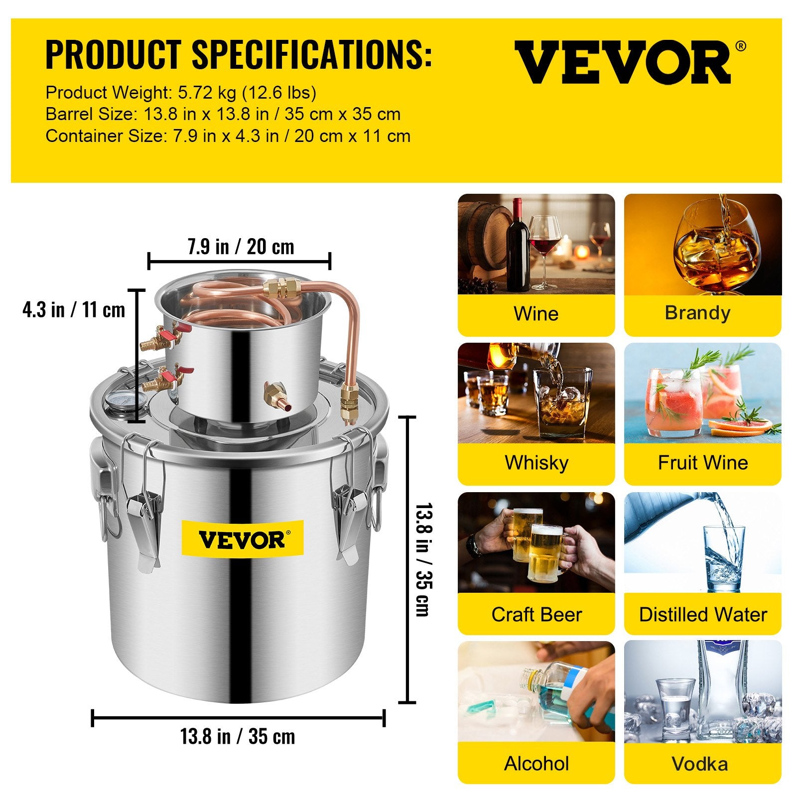 VEVOR Moonshine Still 9.6Gal 38L Stainless Steel Water Alcohol Distiller Copper Tube Home Brewing Kit Build-in Thermometer for DIY Whisky Wine Brandy, Sliver 7