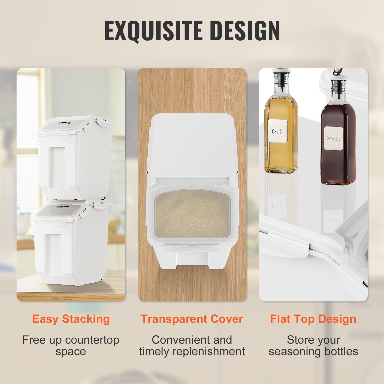 VEVOR Ingredient Storage Bin, 2 x 15L Dispenser Bin with 2 Measuring Cups, Attachable Casters and Airtight Lid, 2 Pcs/Set Dog Pet Food Storage Container, PP Material Kitchen Rice Cereal Flour Bin 6