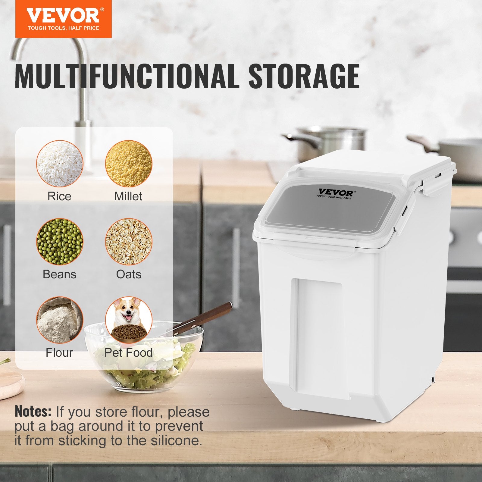 VEVOR Ingredient Storage Bin, 2 x 15L Dispenser Bin with 2 Measuring Cups, Attachable Casters and Airtight Lid, 2 Pcs/Set Dog Pet Food Storage Container, PP Material Kitchen Rice Cereal Flour Bin 7