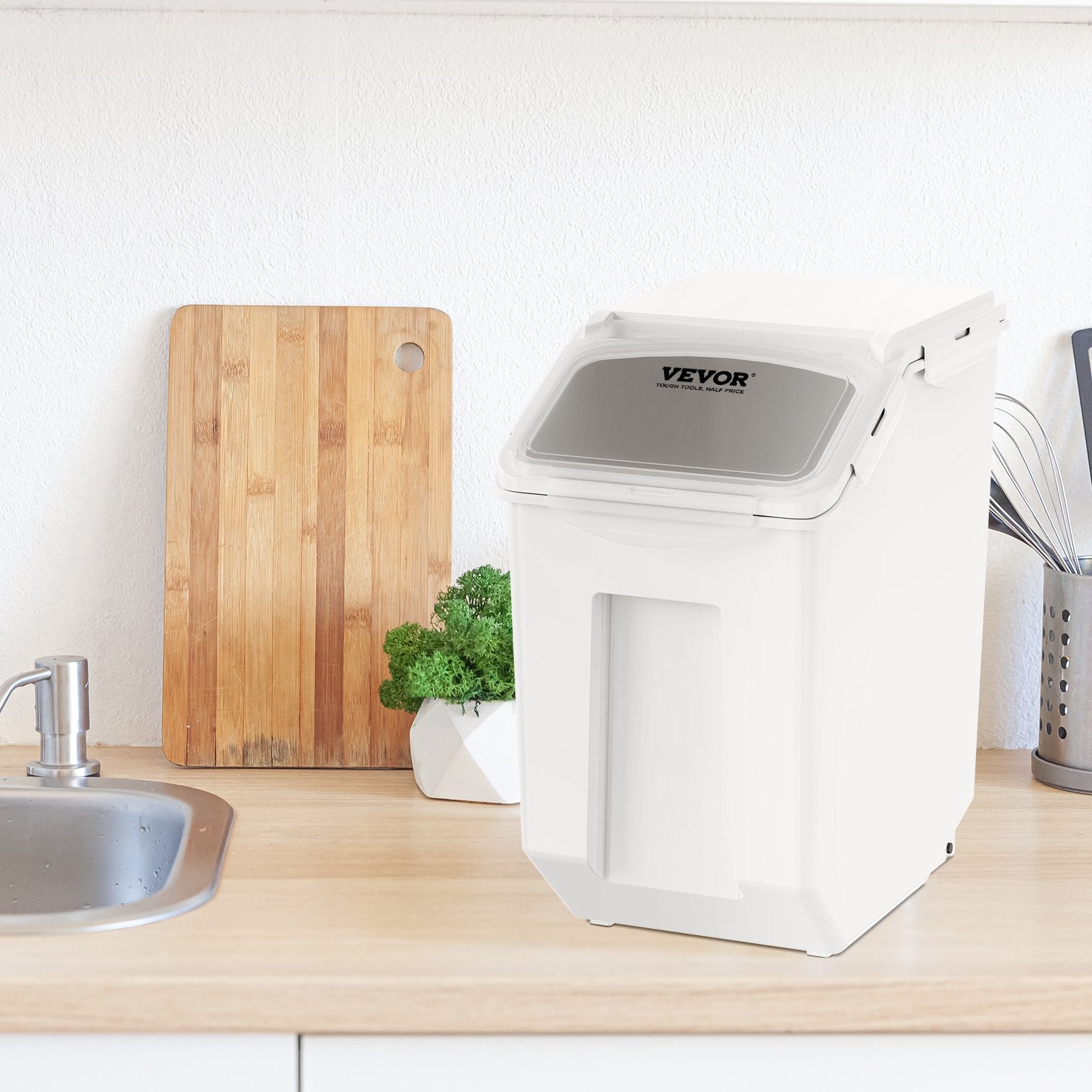 VEVOR Ingredient Storage Bin, 2 x 15L Dispenser Bin with 2 Measuring Cups, Attachable Casters and Airtight Lid, 2 Pcs/Set Dog Pet Food Storage Container, PP Material Kitchen Rice Cereal Flour Bin 8