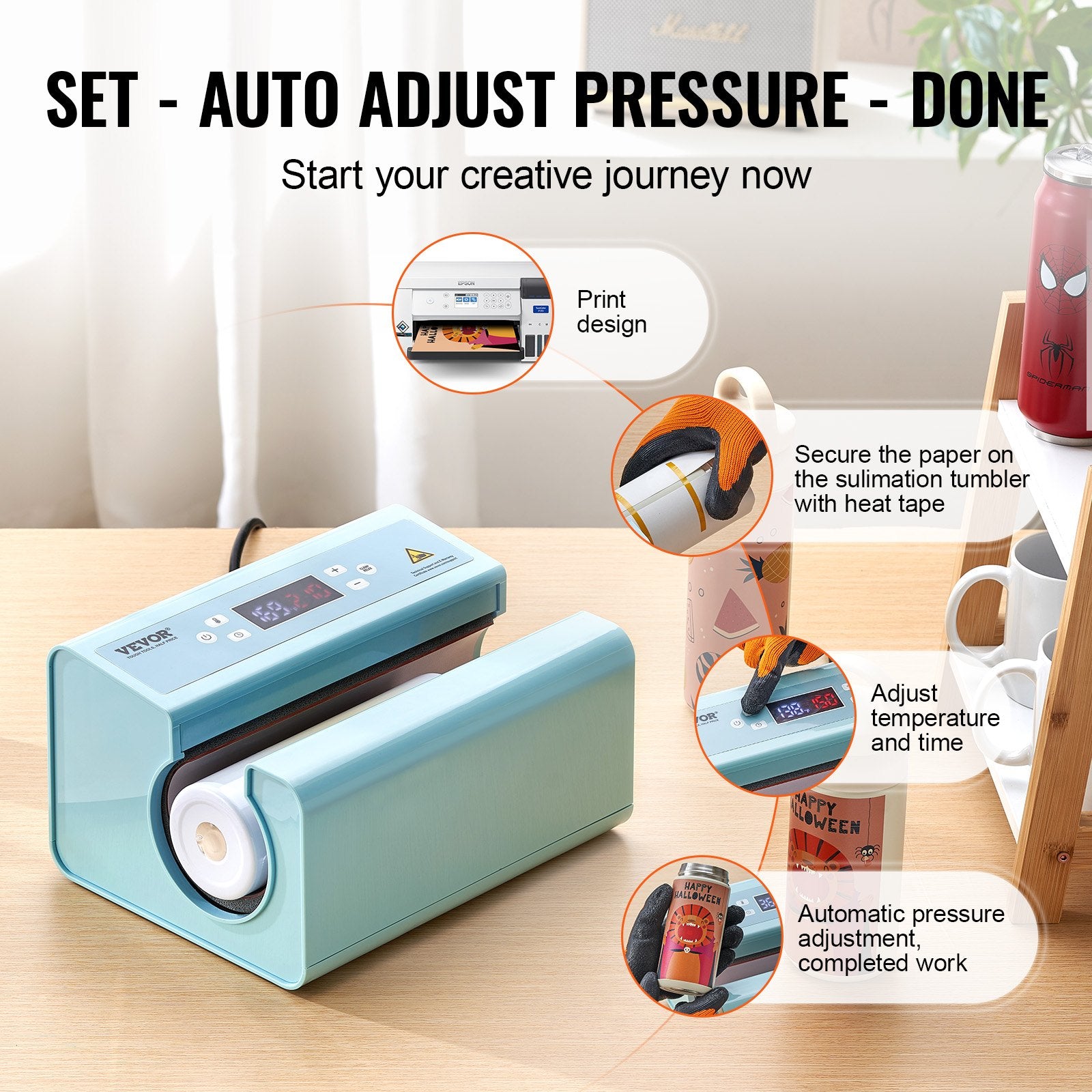 VEVOR Auto Tumbler Heat Press Machine 325-887 ml Sublimation Mug Heat Press Blue 5