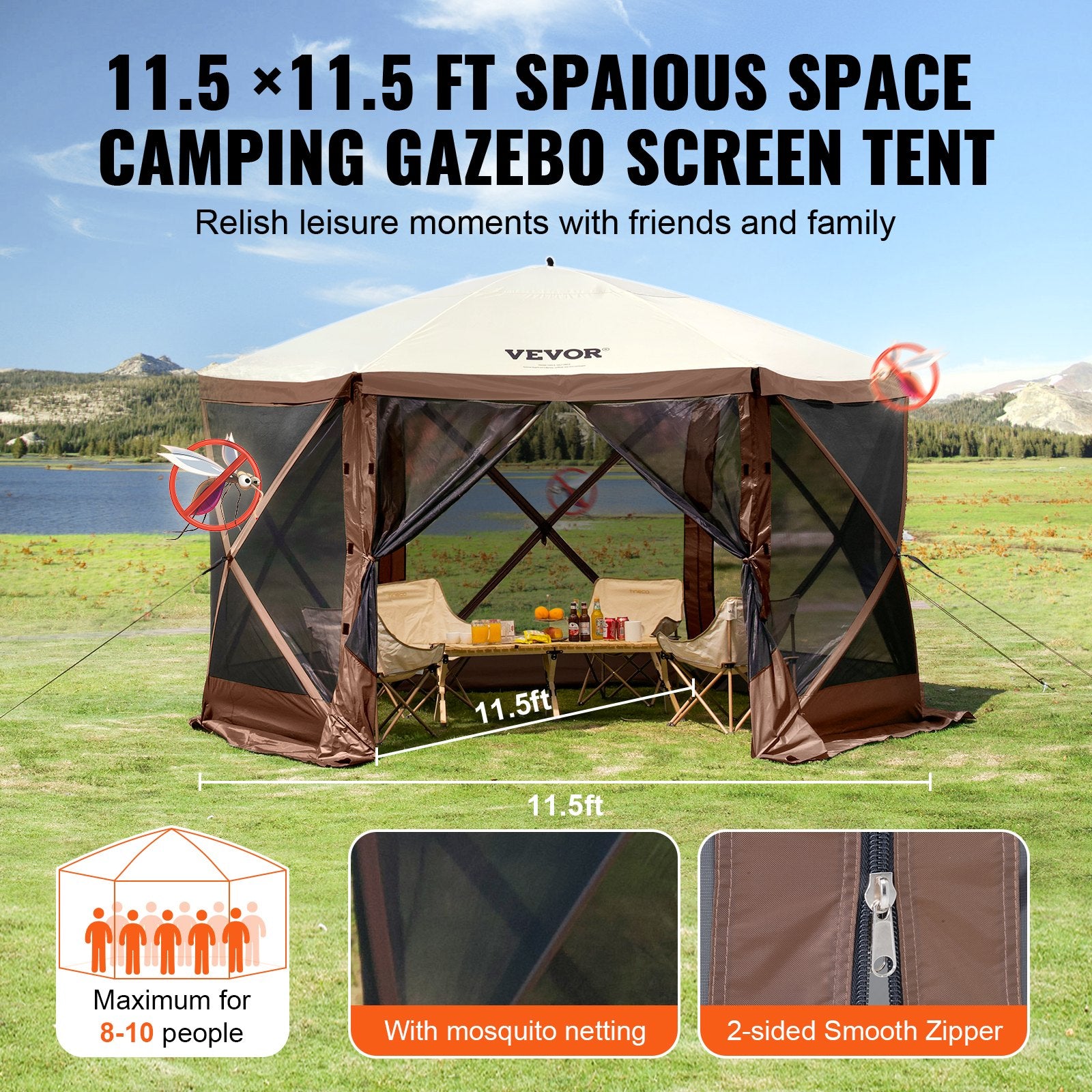 VEVOR Pop Up Gazebo Tent, Pop-Up Screen Tent 6 Sided Canopy Sun Shelter with 6 Removable Privacy Wind Cloths & Mesh Windows, 11.5x11.5FT Quick Set Screen Tent with Mosquito Netting, Brown 6